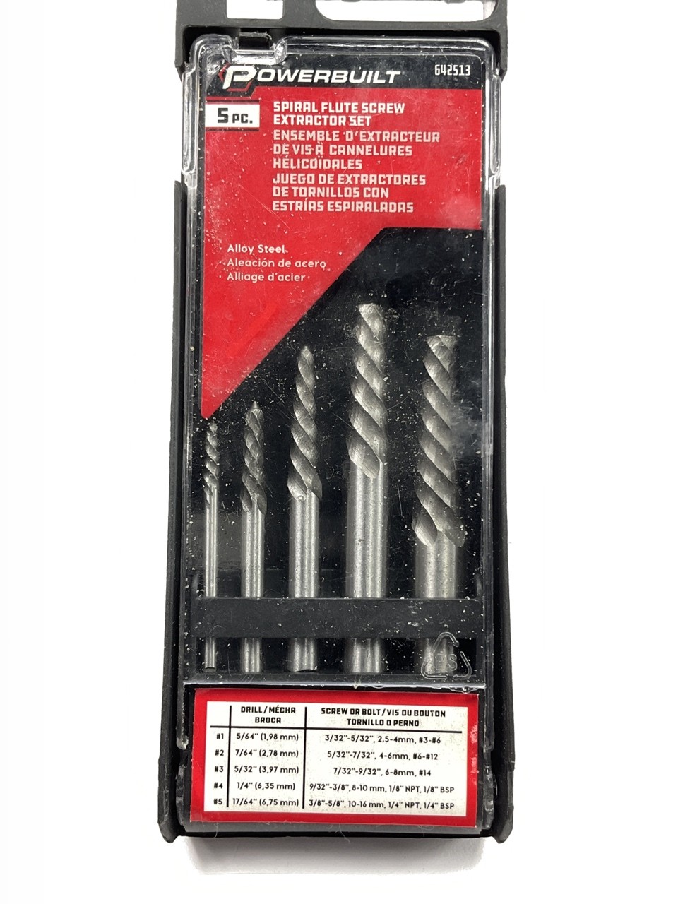 Powerbuilt 642513 5 Pc Spiral Flute Screw Extractor Set