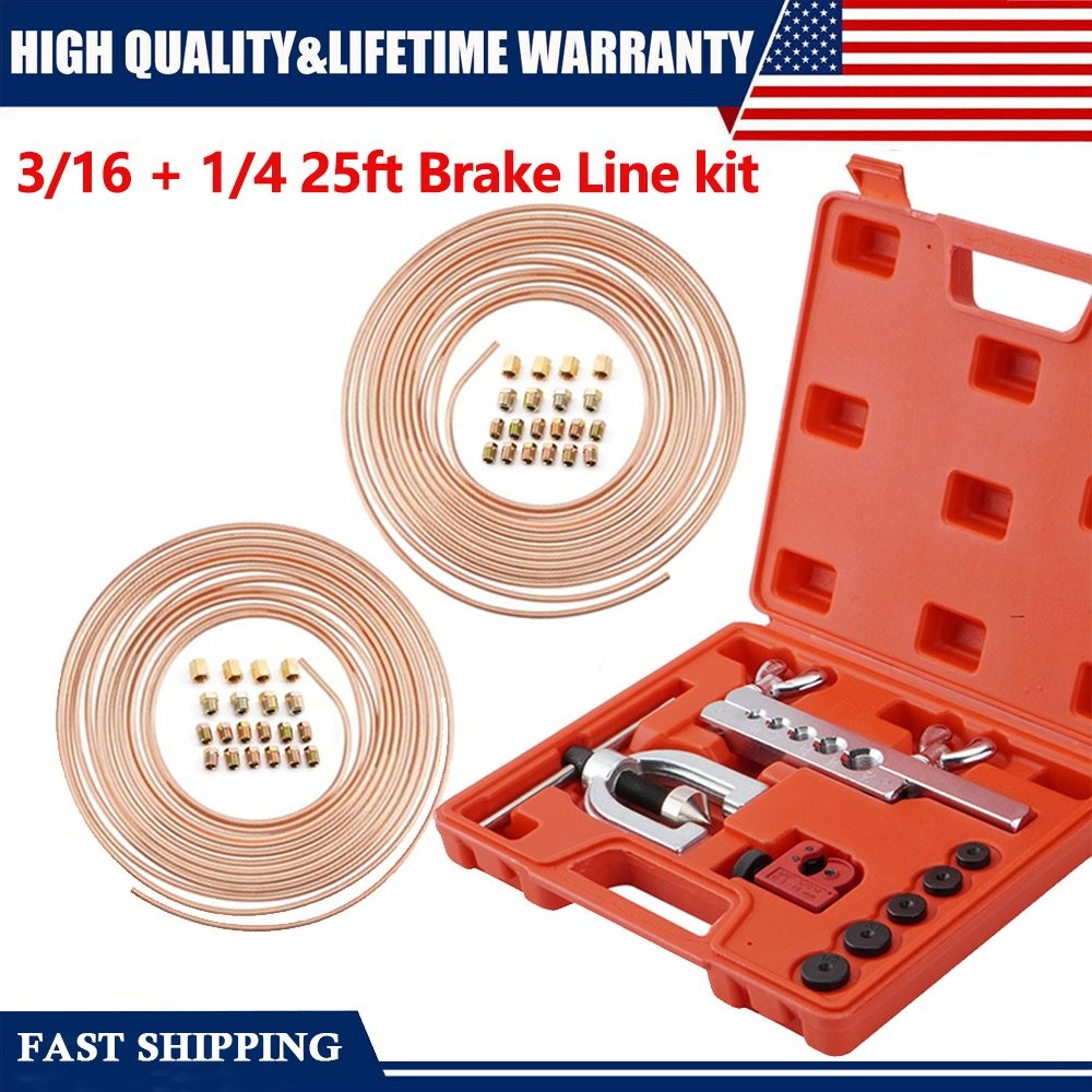 New 25ft 3/16 + 1/4 Copper Coated Brake Line & Double & Single Flaring Tool Kit