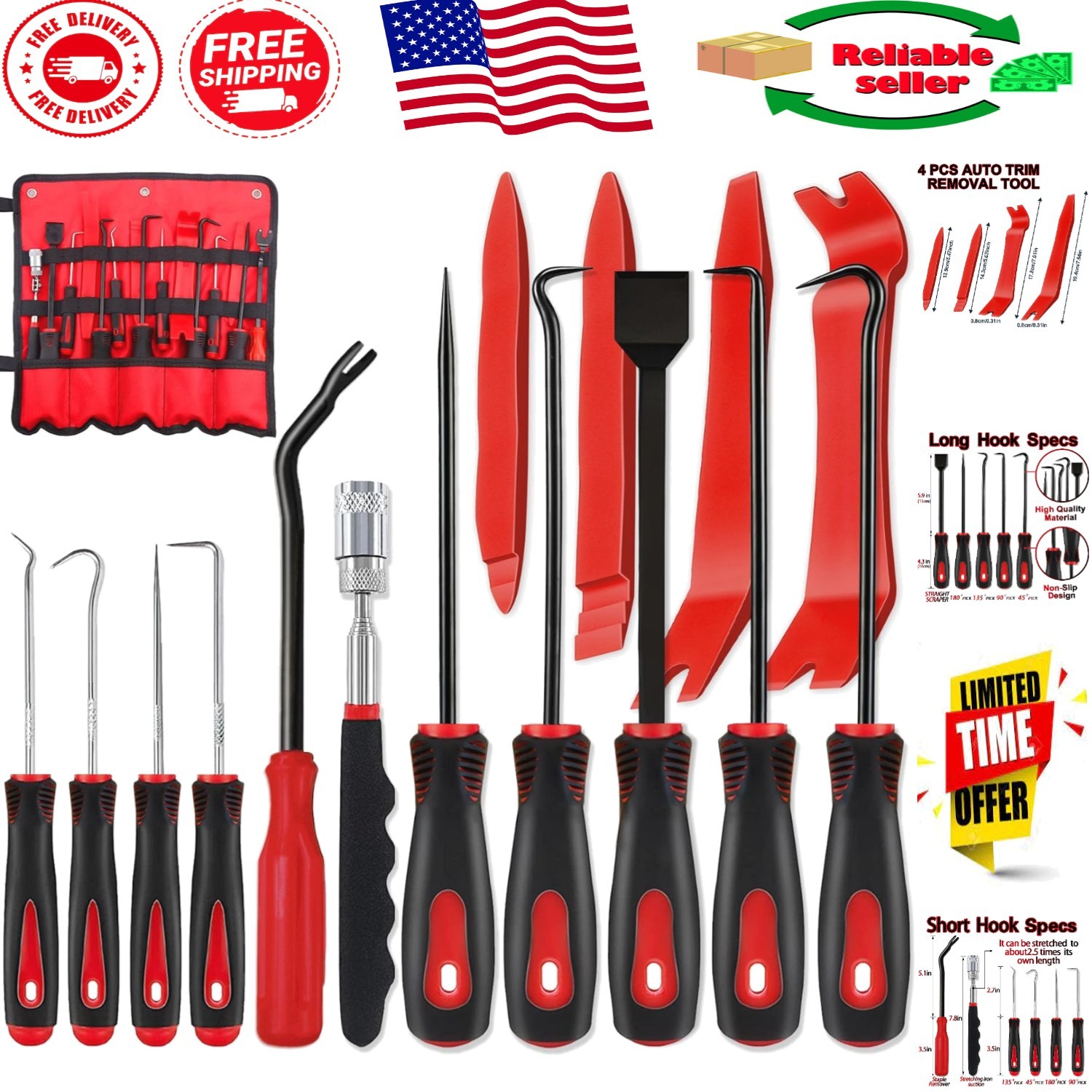 15-Piece Carbon Steel Precision Pick & Hook Tool Set for Automotive Maintenance