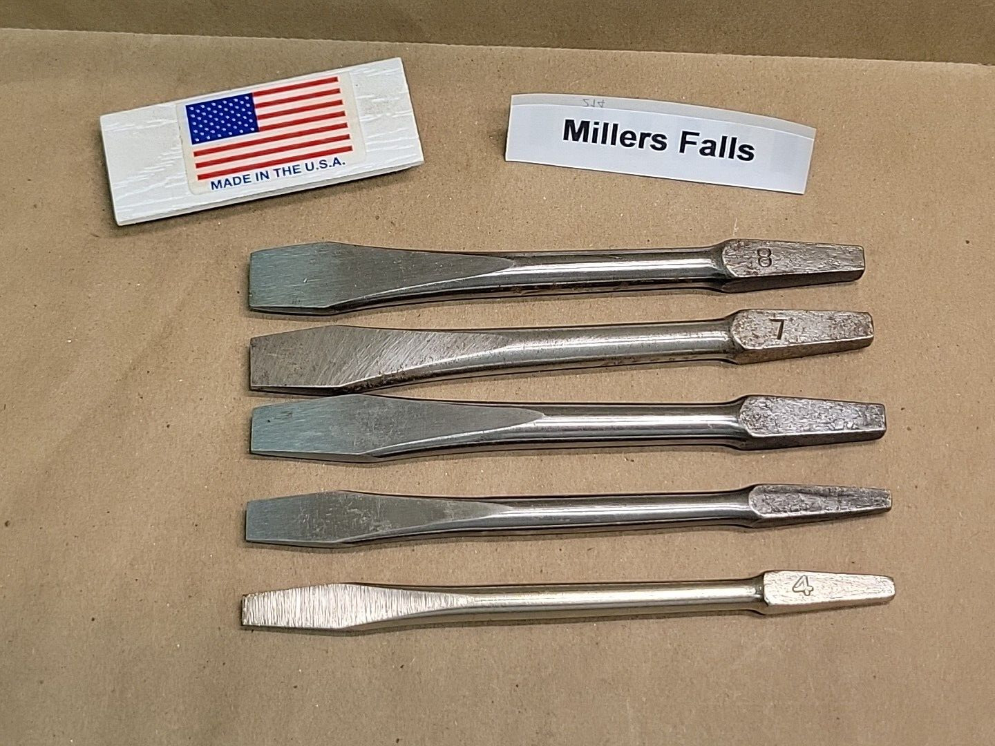Millers Falls Bit Brace Screwdriver Bit Set Flat Slot 5 Pc NOS USA