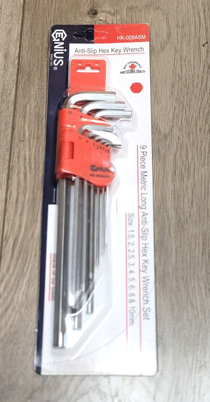 Genius Tools PRO 9pc Metric Long Anti-Slip Hex Key Wrench Set #HK-009ASM