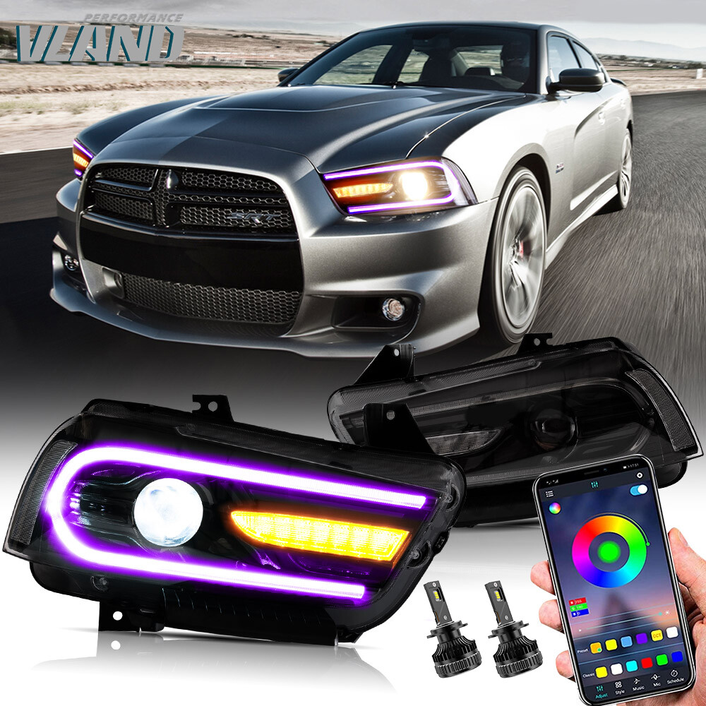 VLAND Headlights w/RGB DRL Sequential Turn+LED Bulbs For Dodge Charger 2011-2014