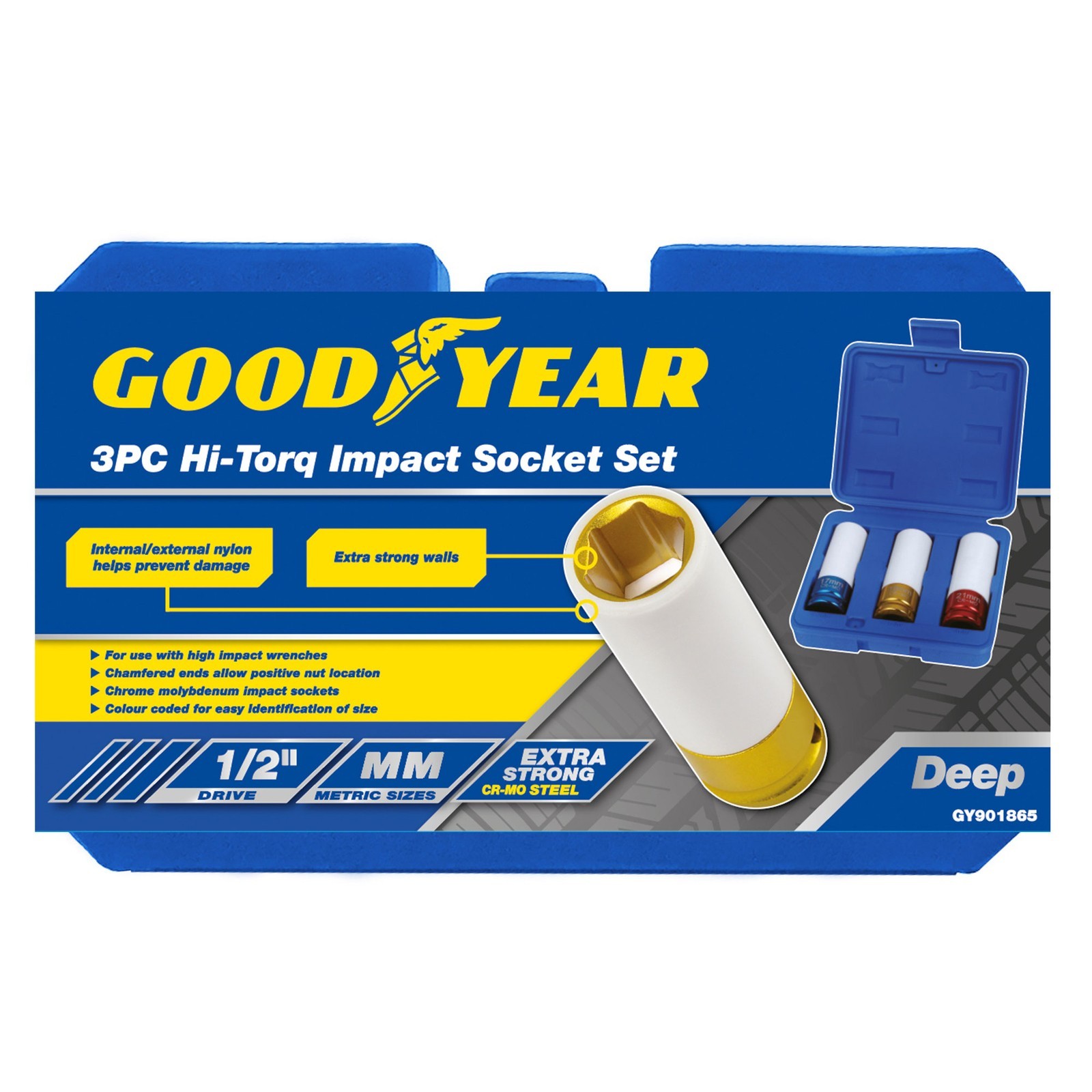 Goodyear 3PC Thin Wall Deep Impact Nut Socket Wheel 1/2″ Drive 17mm 19mm 21mm