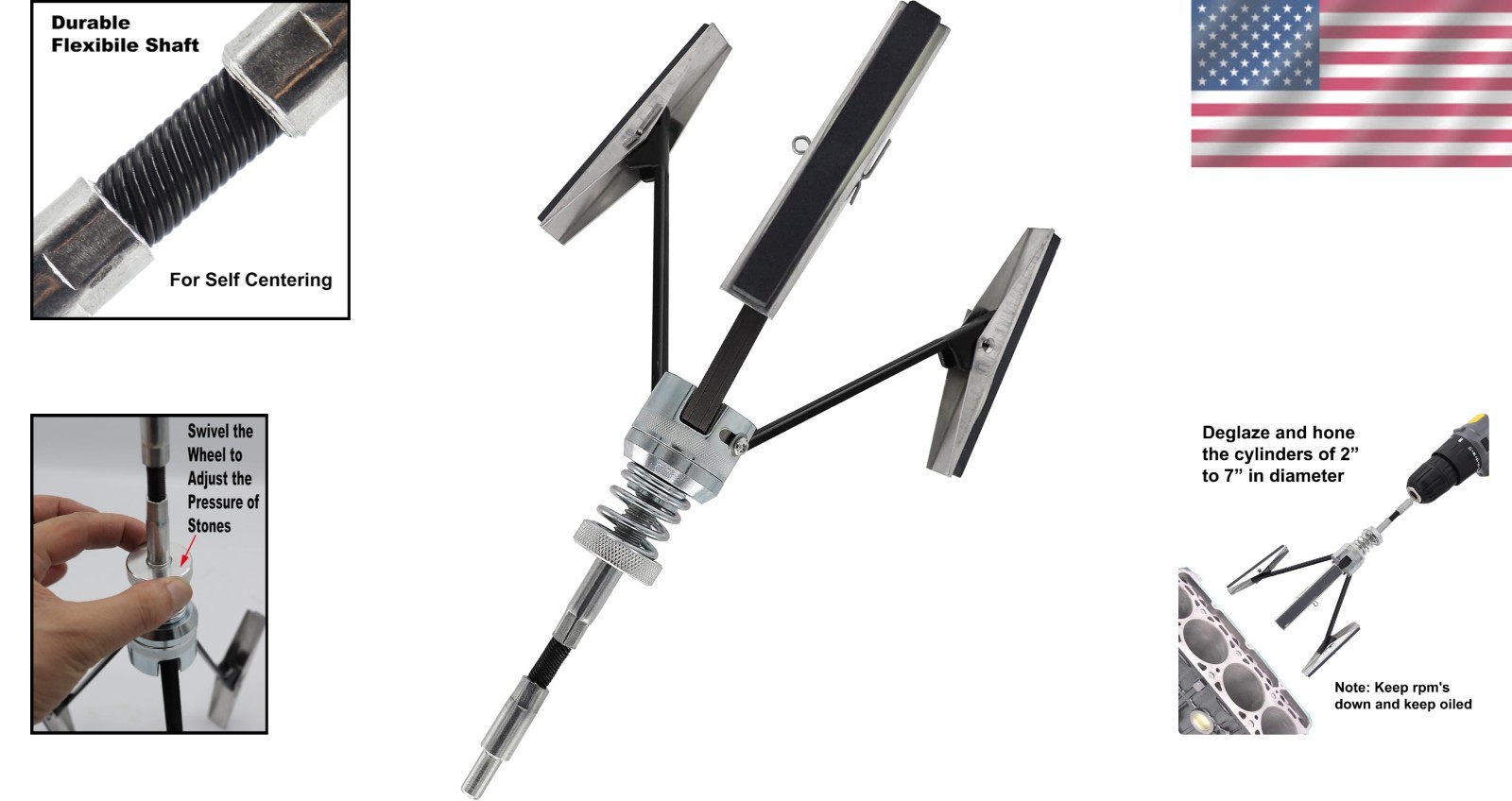 Adjustable 2-7 Inch Engine Cylinder Hone with Durable 220 Grit Stones for Repair