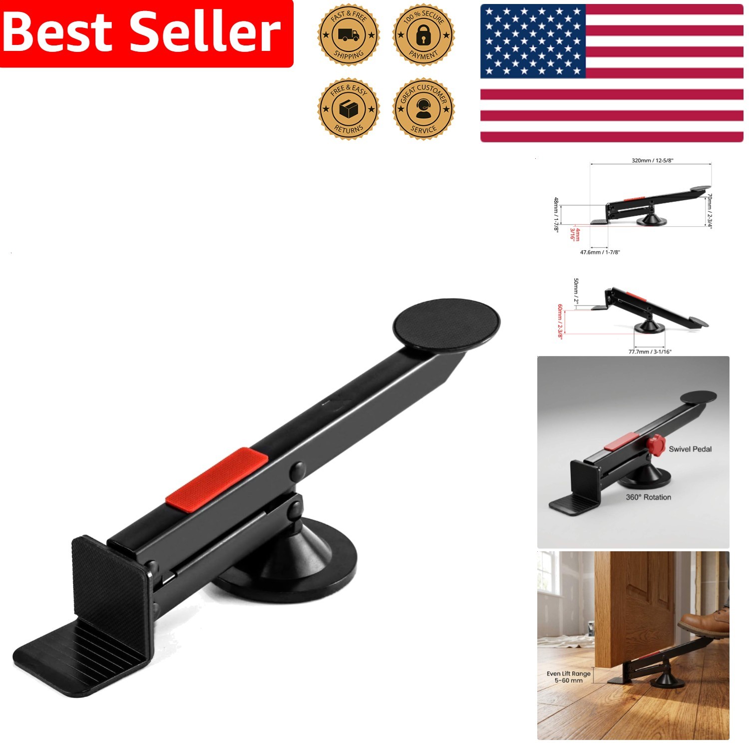 Durable Door Lifter Tool Black Metal Swivel Install Panel Carpenter Aid Strong