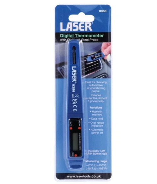 Laser 8358 Compact Digital Thermometer Stainless Steel Probe Air Con Pocket size