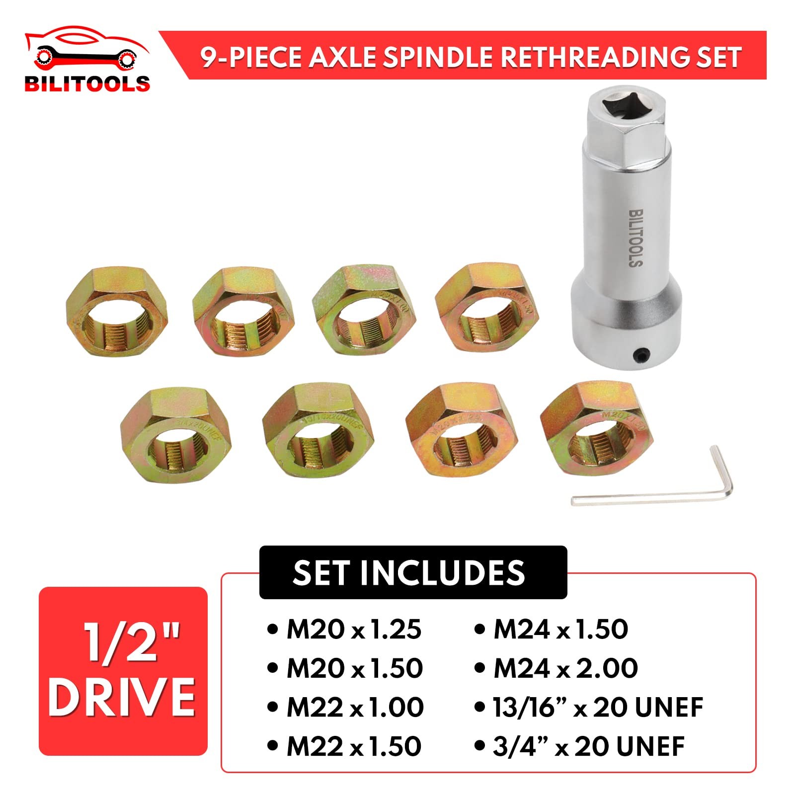 BILITOOLS 10-Piece Axle Spindle Thread Chaser Set Thread Rethreading Restorer…