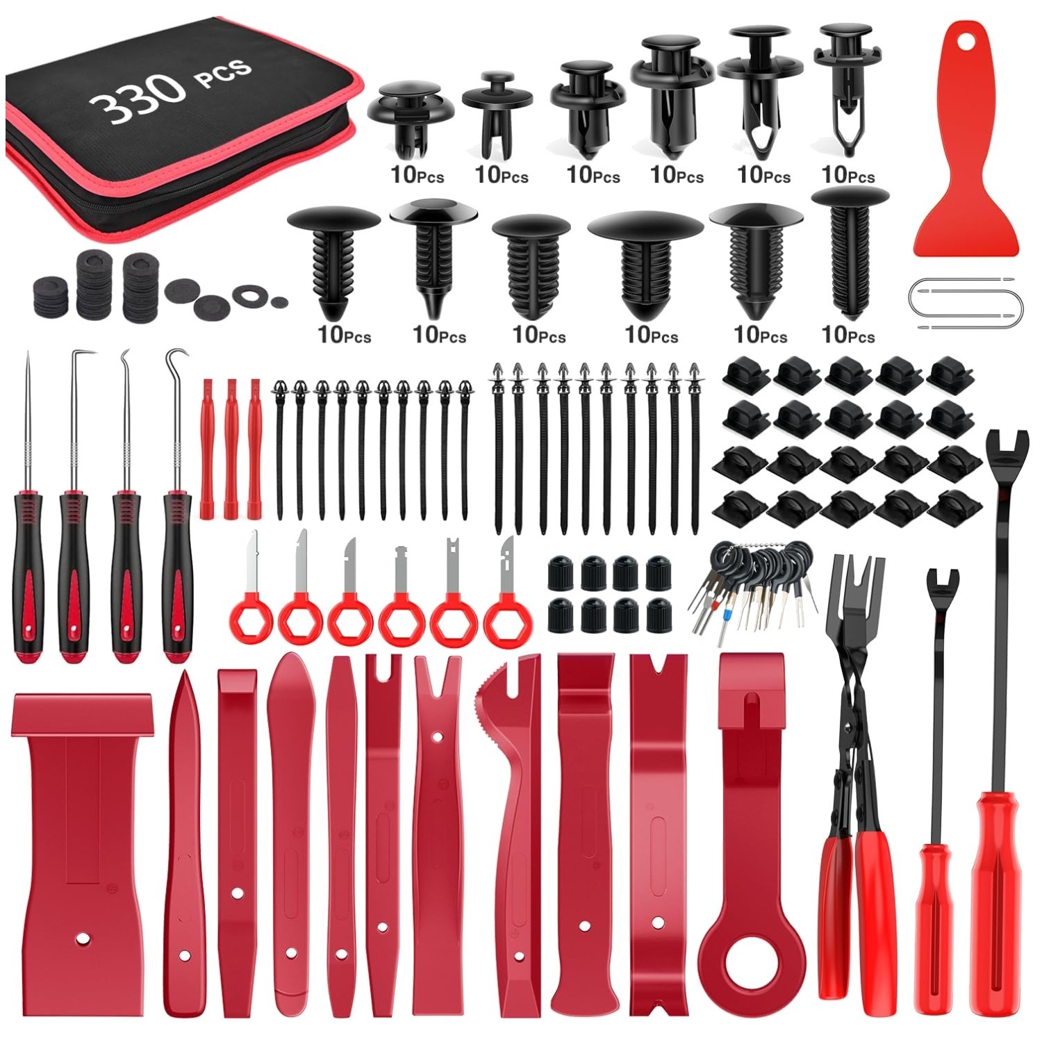 330Pc Trim Removal Tool Set, Red, Fastener Clip Pliers