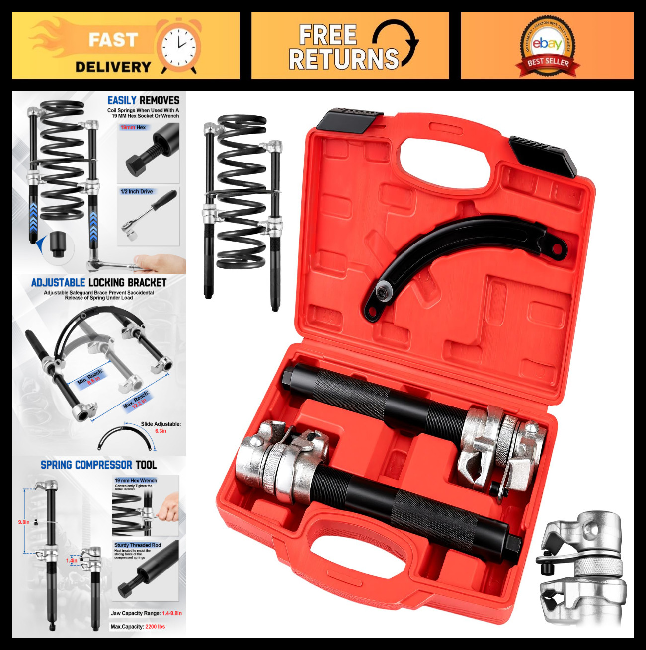 2 PCS Heavy Duty Coil Spring Compressor Tool, 2205 LB Capacity, Safety Jaws, Aut