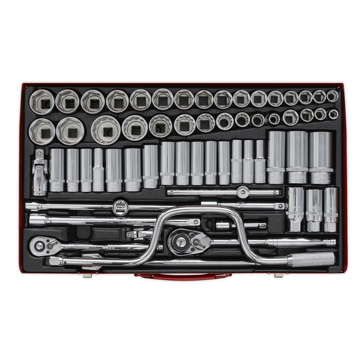 Sealey Socket Set 64pc 3/8″ 1/2″ Square Drive 6 Point WallDrive DuoMetric AK694