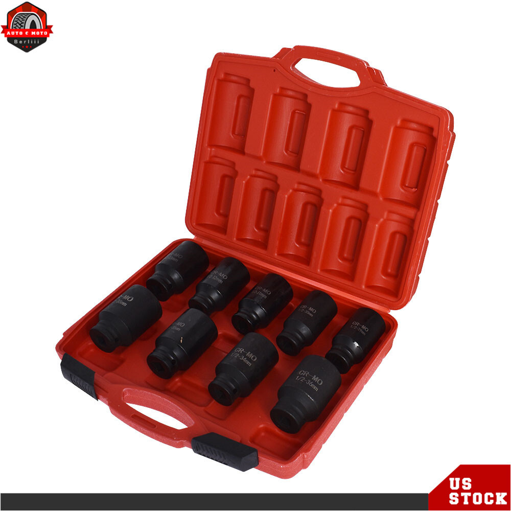 9pc Deep Impact Socket Set 1/2″ Drive Metric Axle Hub Nut Sockets 29-38mm w/Case