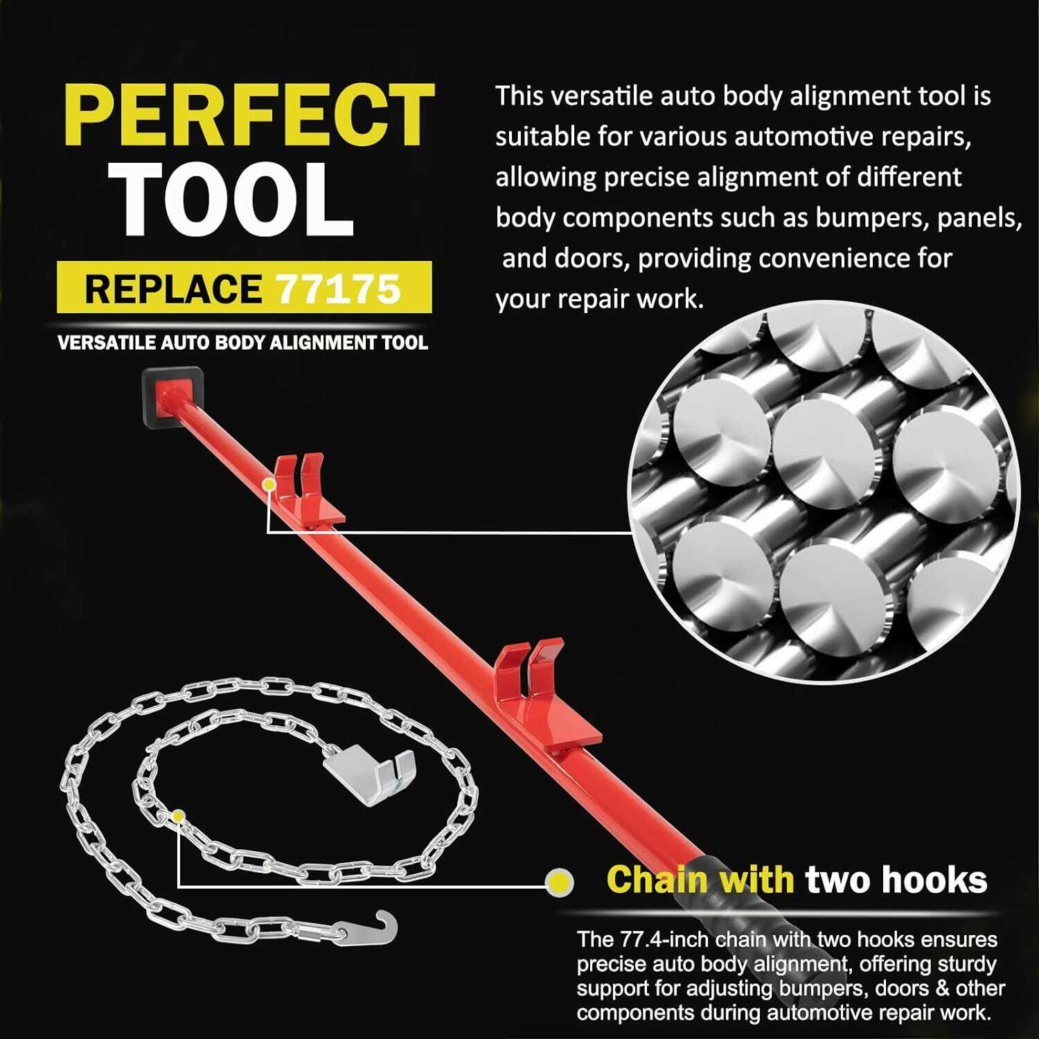 77175 Premium Auto Body Alignment Bar 1-1/4″ Diameter with Chain Fit for Bumpers