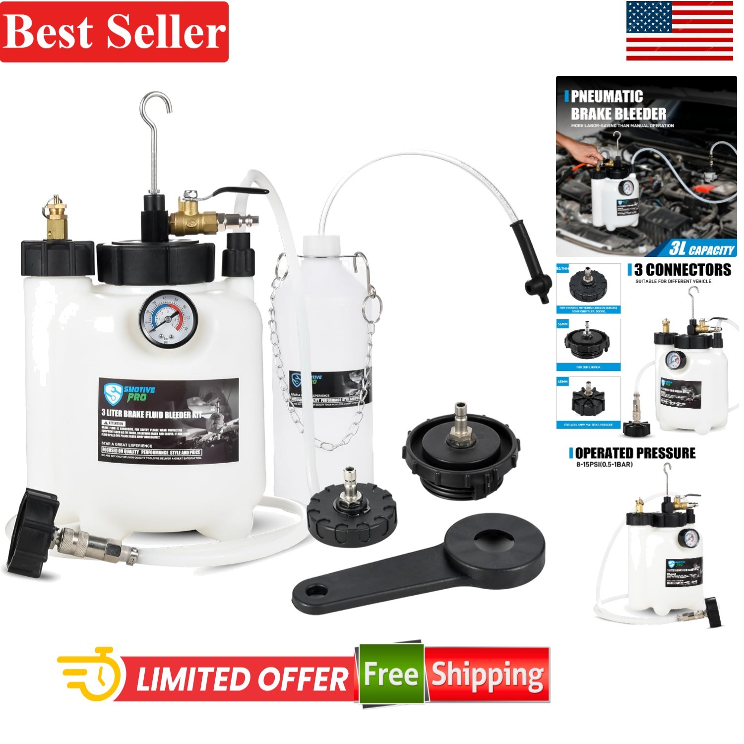 3L Pneumatic Brake Bleeder Kit Compatible With Most Vehicles