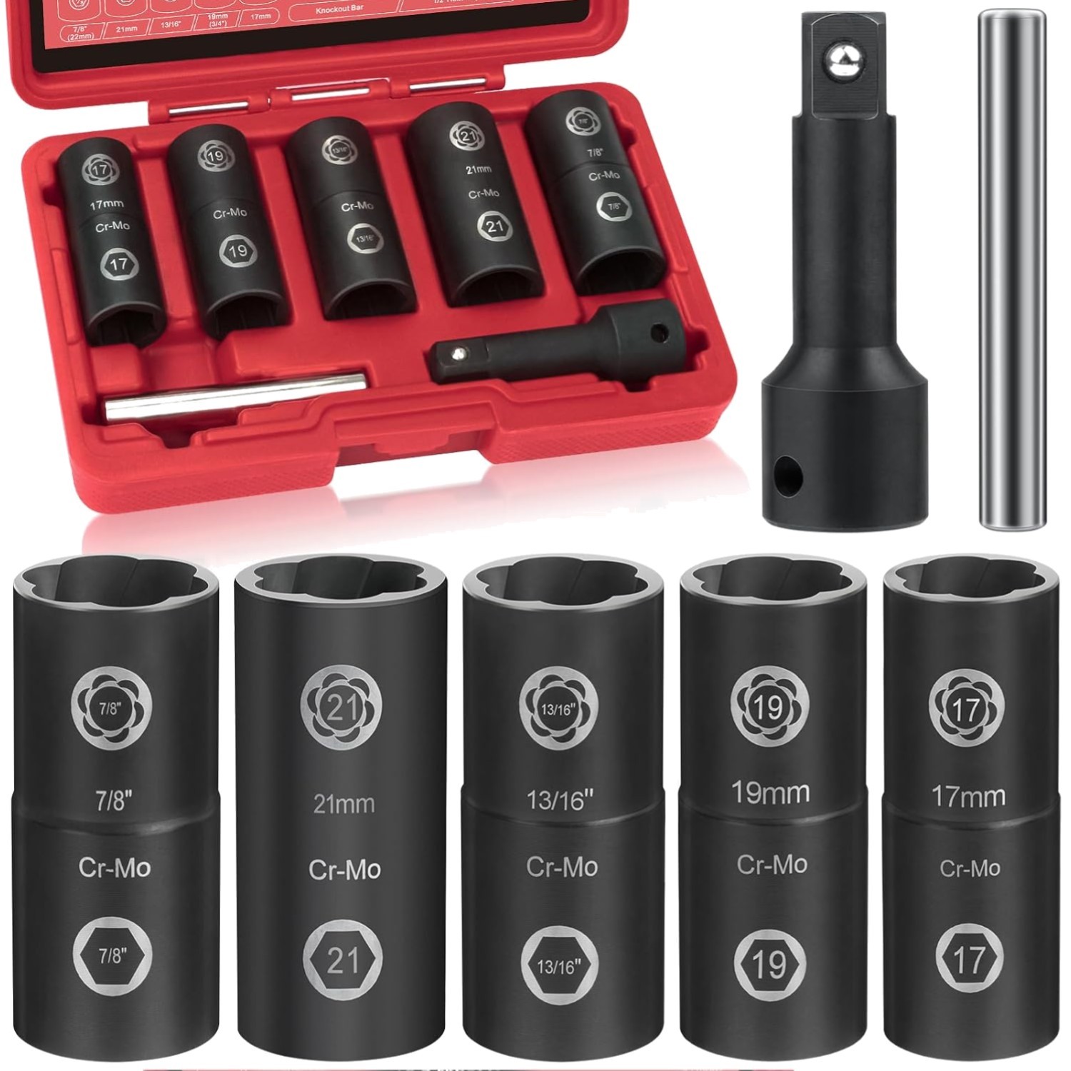 QIFITOOL 7 Piece Lug Nut Removal Tool Impact Socket Set 1 2 Drive Red