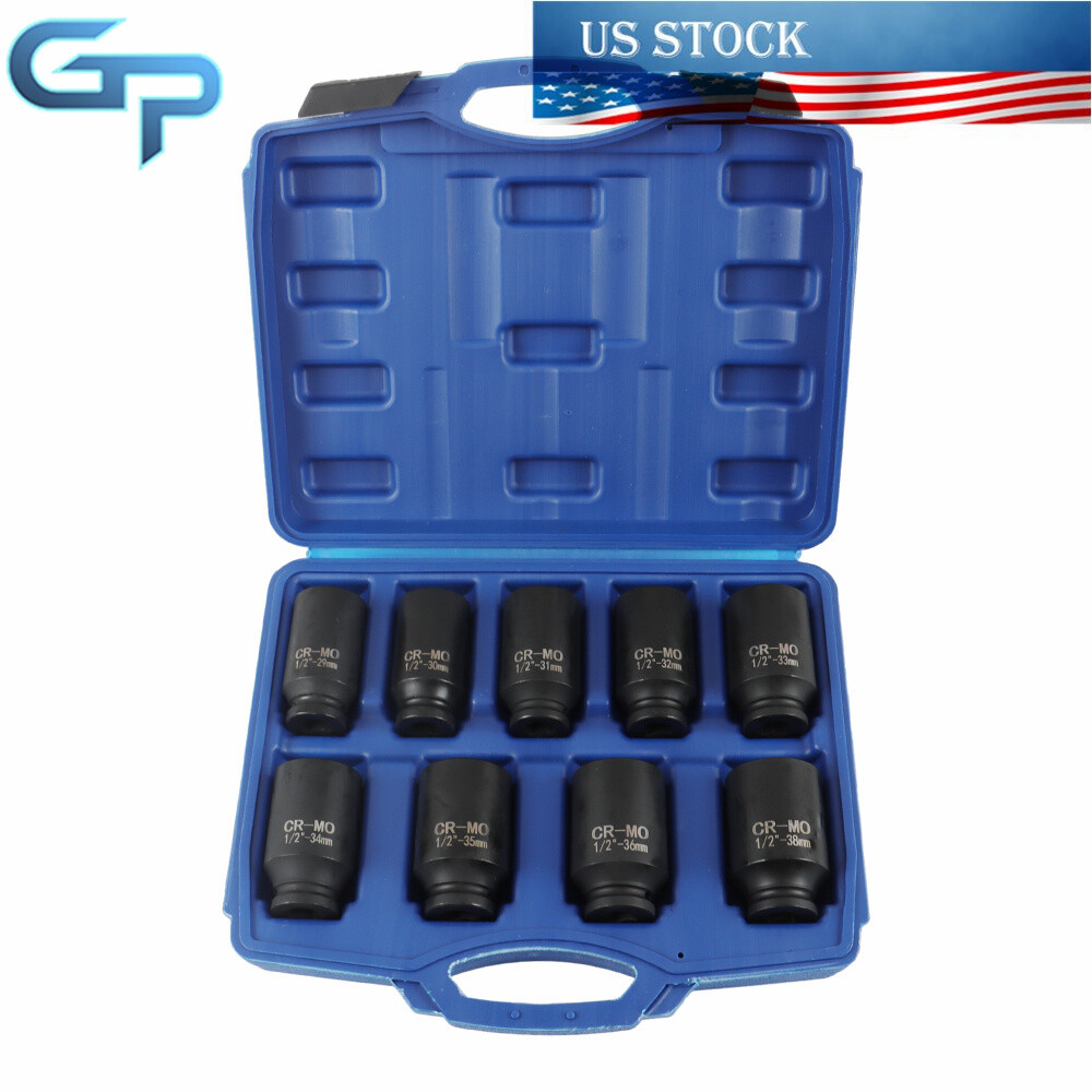 9pcs 29-38mm Deep Impact Socket Tool Kit 1/2″ Drive Metric Axle Hub Nut Socket