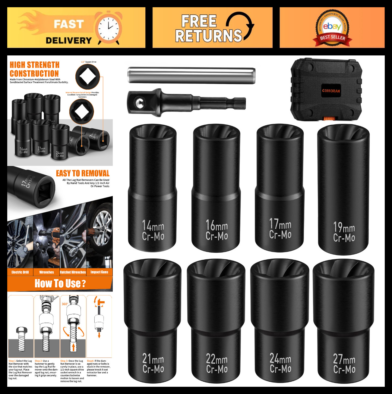 10-Piece Wheel Lock Removal Kit | Heavy-Duty Lug Nut Extractor Socket Set for Da