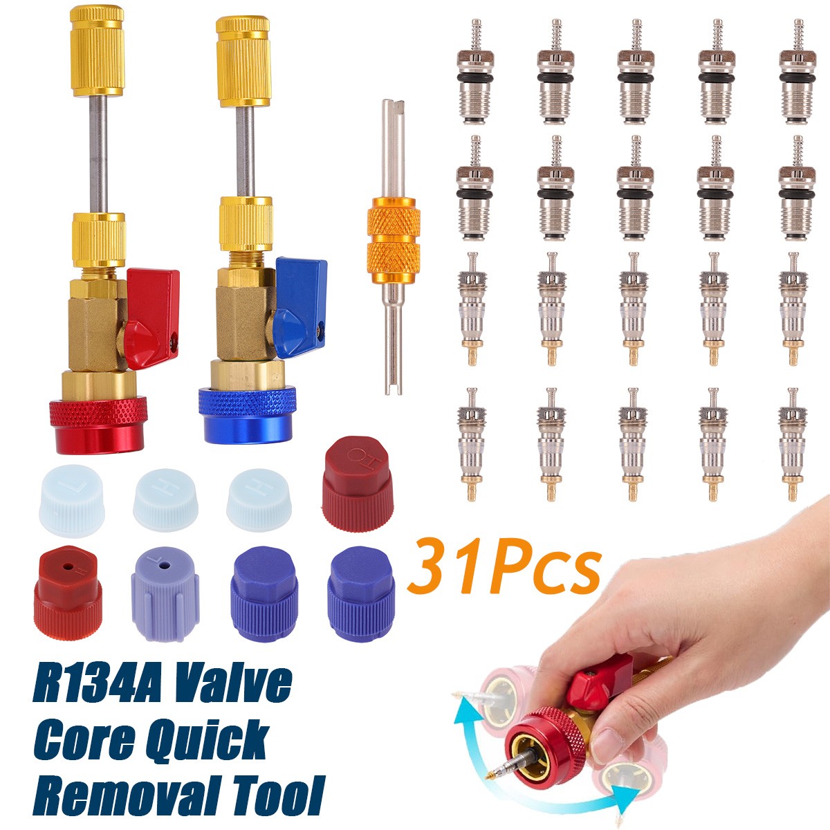 31Pcs R134A A/C Car Air Conditioning Valve Core Remover Tool High Low Pressure