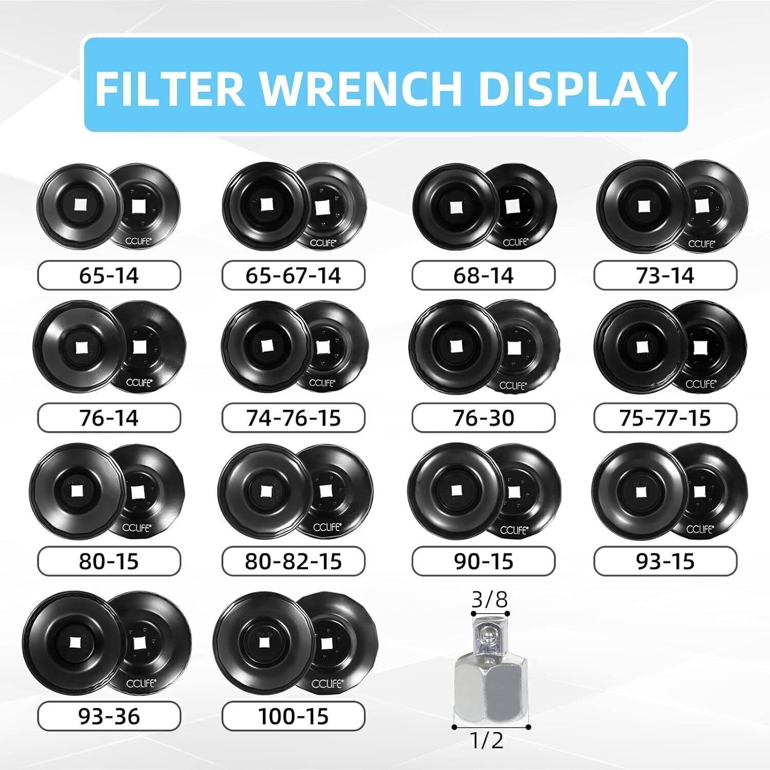 16Pcs Oil Filter Wrench Set Cup Type Removal Tool Socket Kit 1/2″ 3/8″ Adaptor