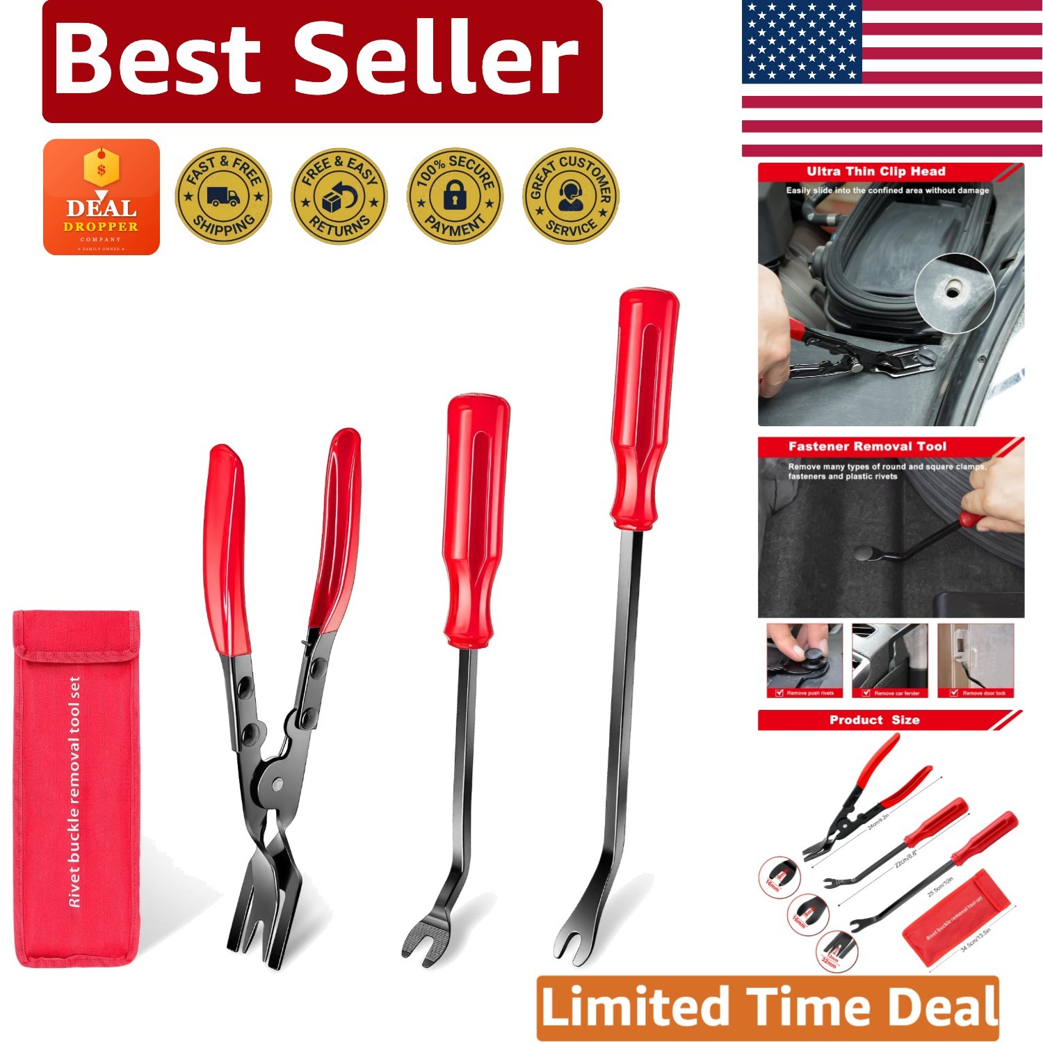 Professional 3-Pc Clip Removal Tool Set – Spring-loaded for Fast Fastener Access