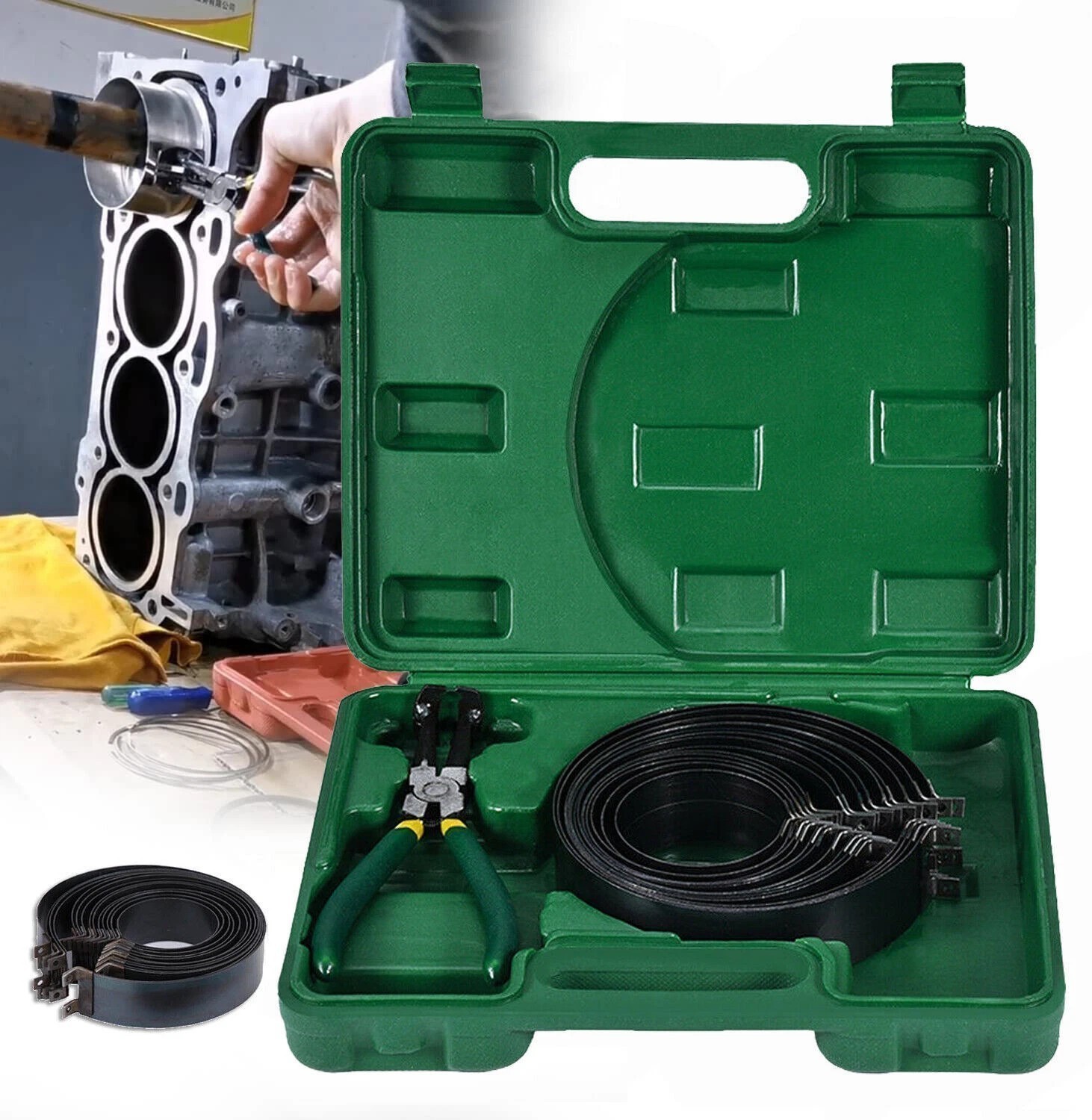 Motorcycle Piston Ring Compressor Cylinder Installer Tool Kit with Plier&14 Band