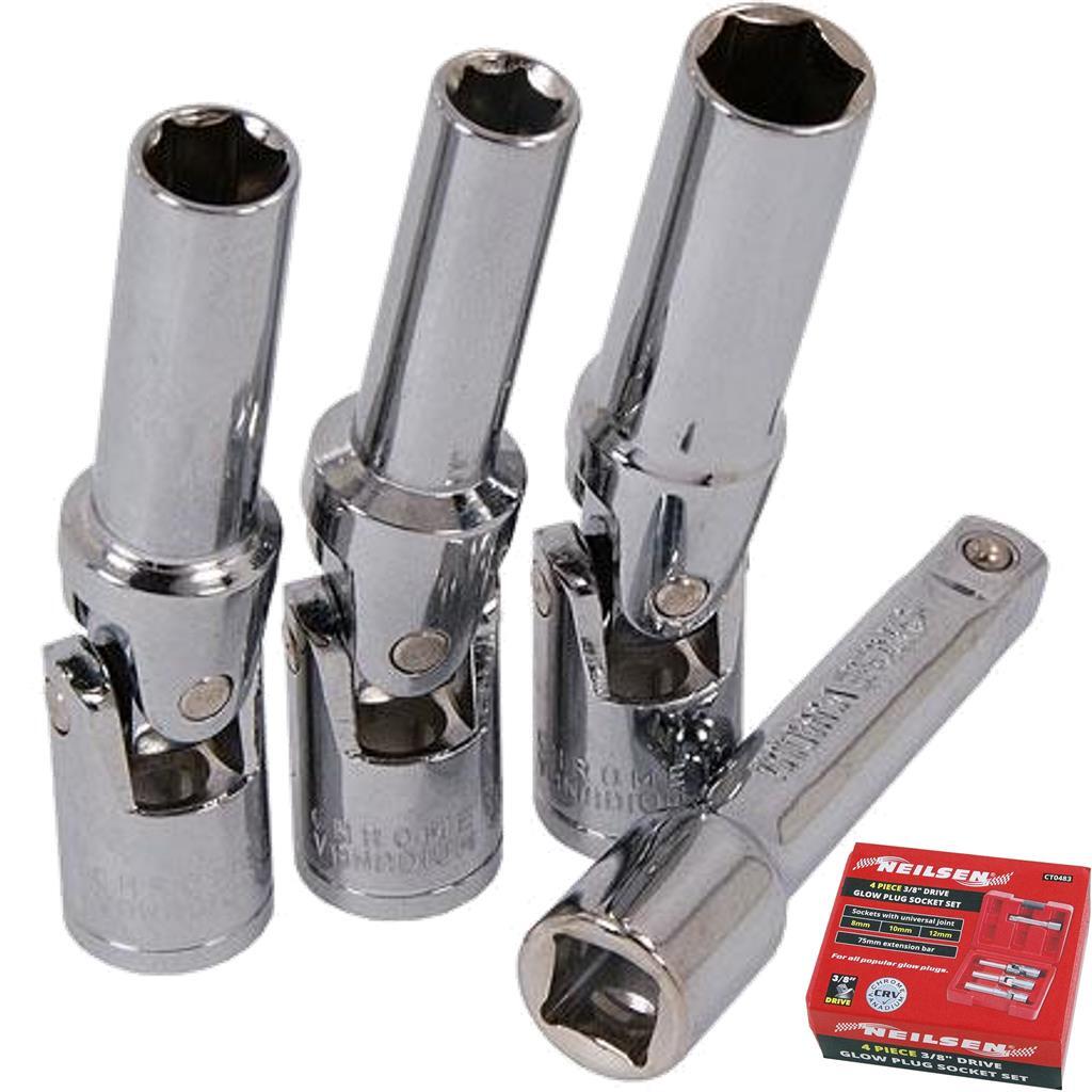 Neilsen 4pc Glow Plug Universal Joint Socket Set Metric Sockets Hub Removal 3/8″