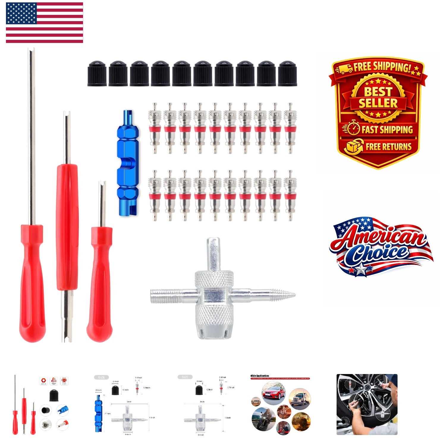Universal Valve Stem Tool Set: 20 Valve Cores & 10 Caps for All Vehicles