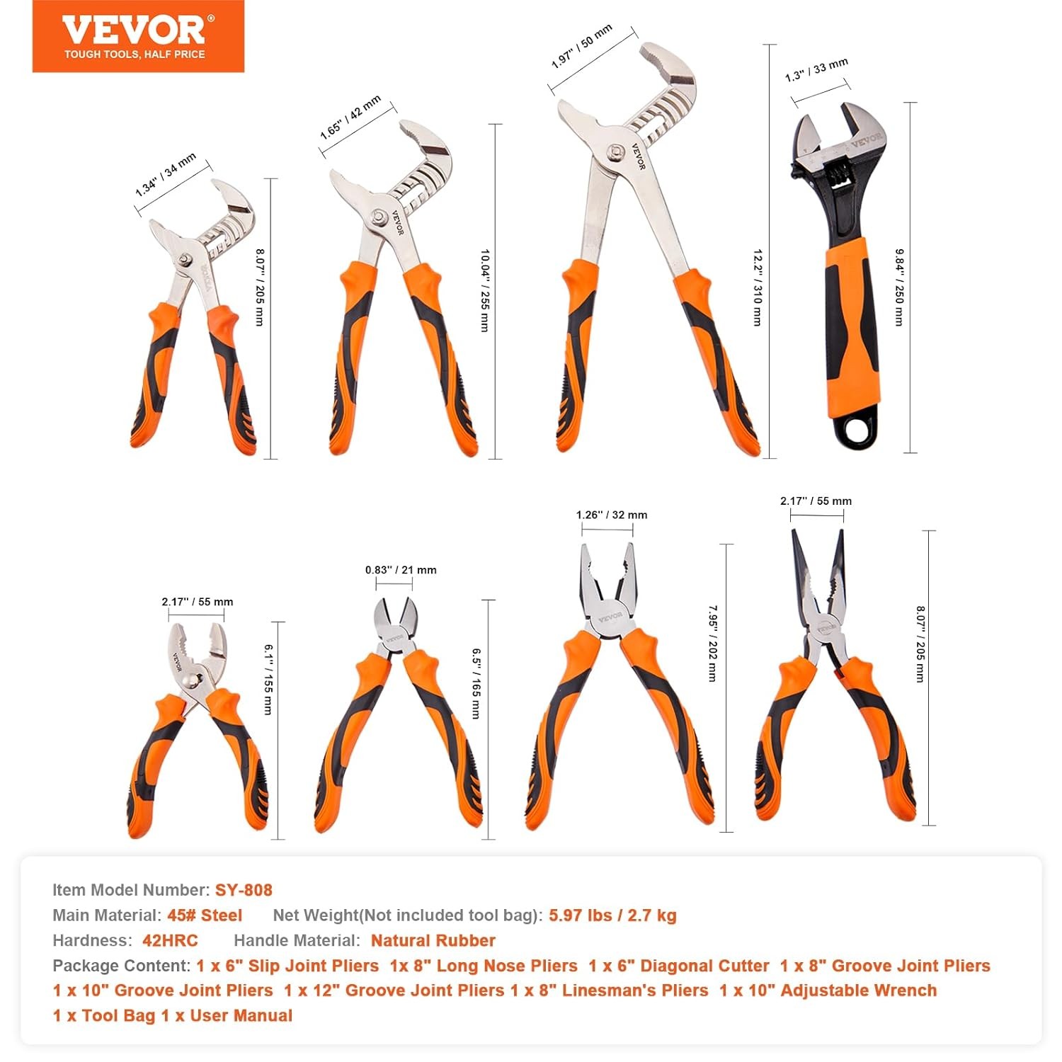 VEVOR 8-Piece Pliers Set, High Carbon Steel – 12″, “10”, 8-PCS, Multicolor