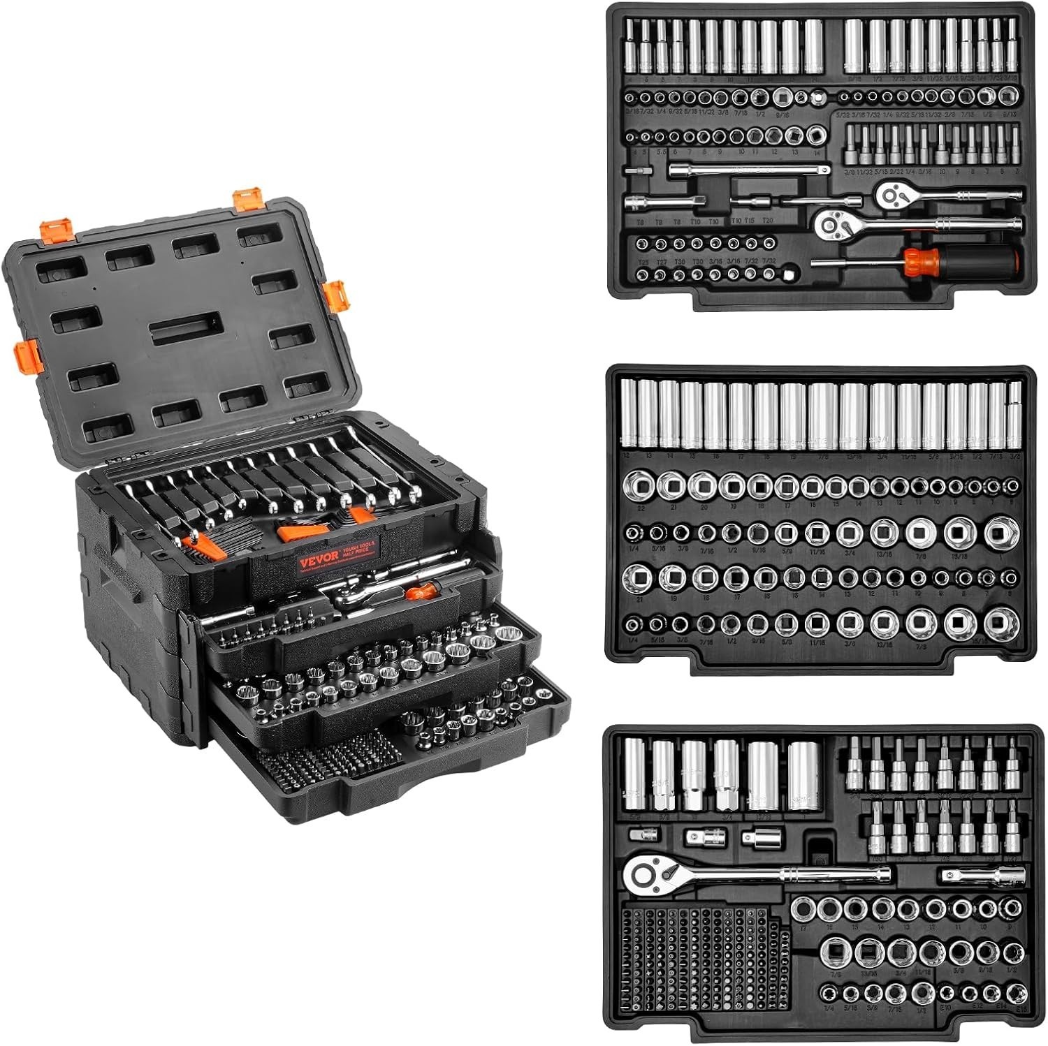 450pcs Mechanics Tool Set and Socket Set 1/4″ 3/8″ 1/2″ Drive Deep and Standard