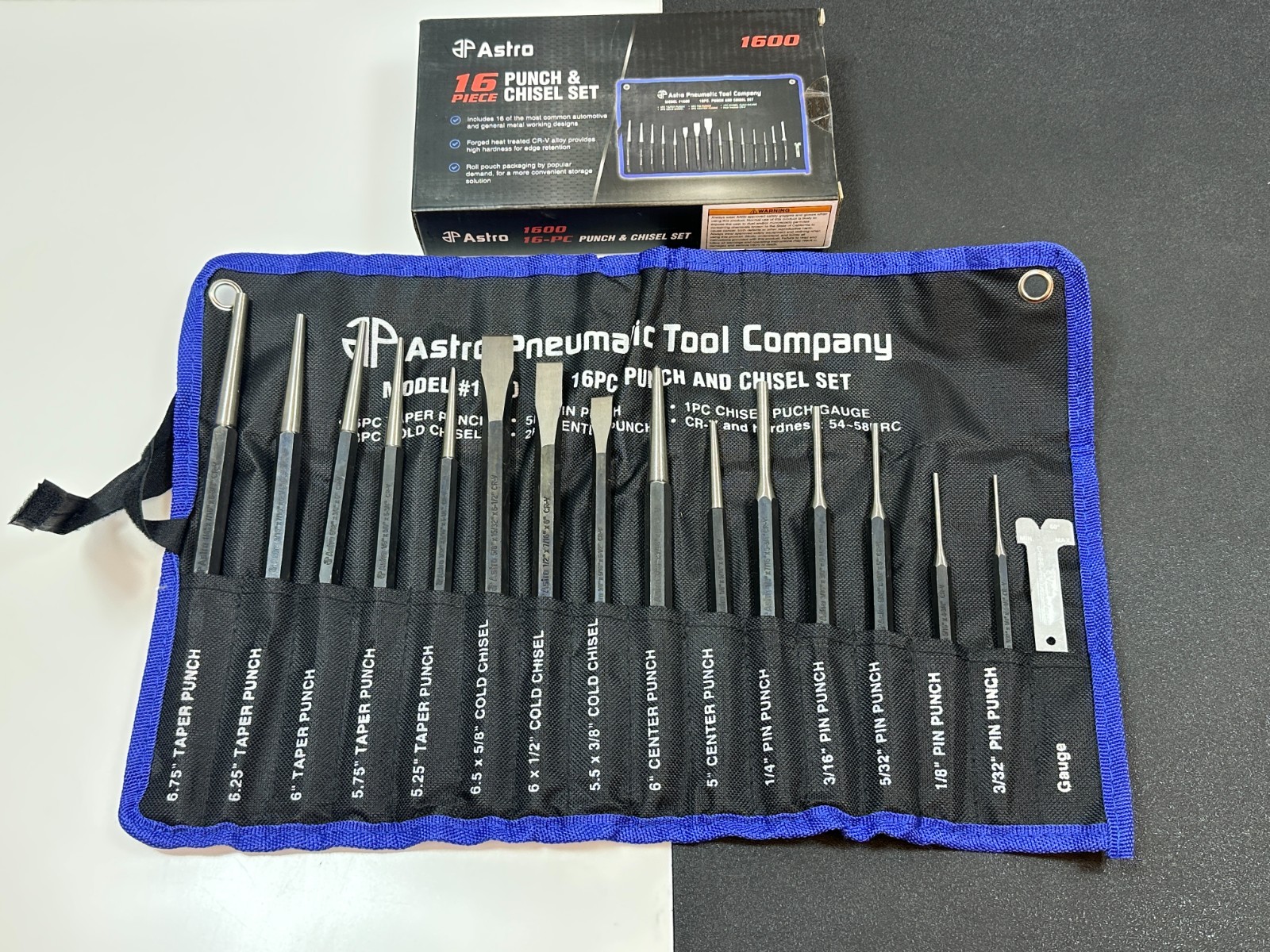 NEW Astro Pneumatic 1600 16pc Chisel and Punch Set w/ Gauge in Kit Bag