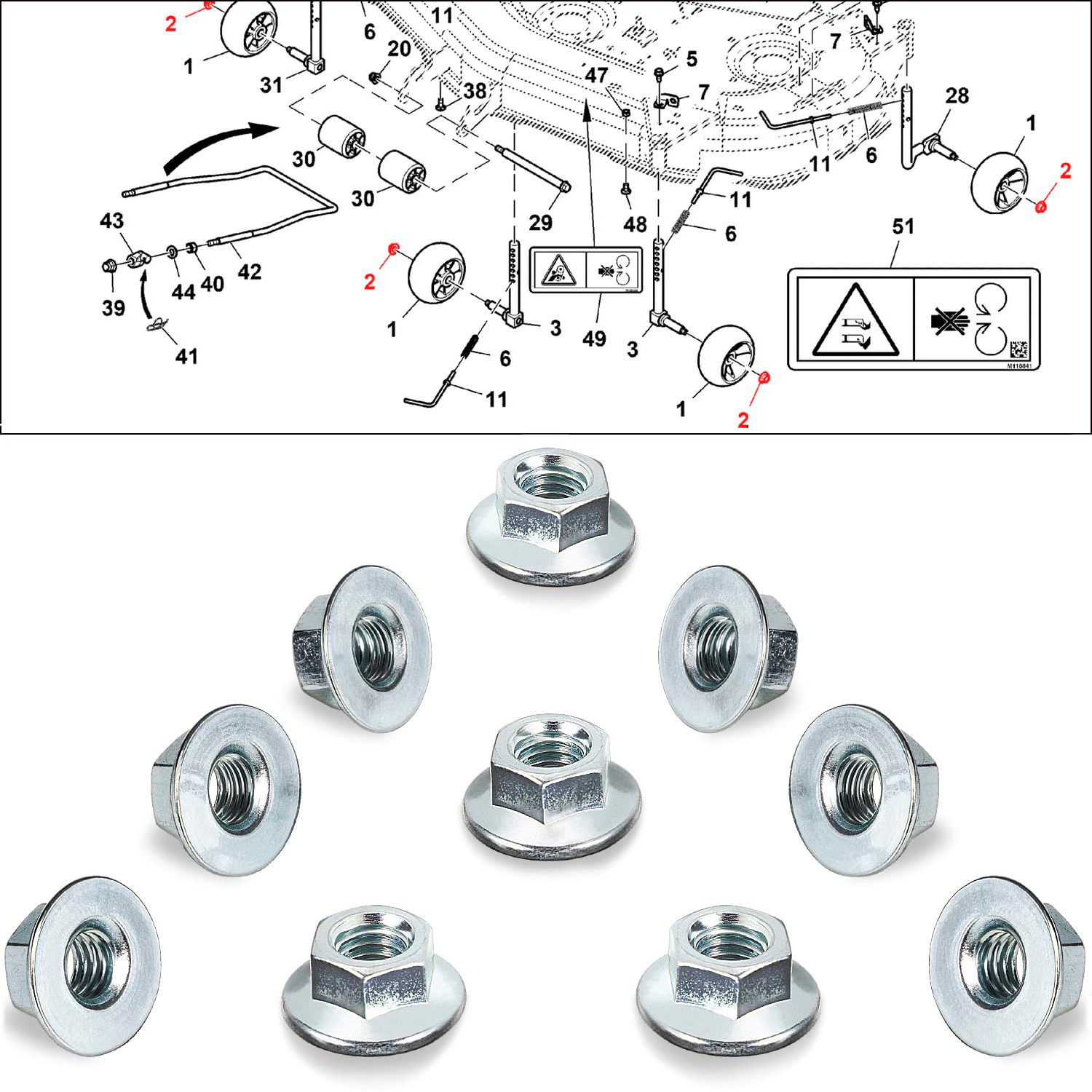 M142955 Lock Nuts Set Fits for John Deere 2025, 4210, GT322, GX255, LA150, LX280