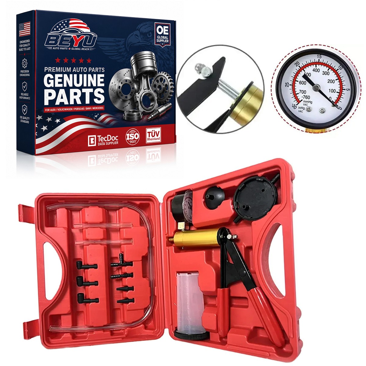 Manual Brake Bleeder Vacuum Pump Kit Automotive Fluid Tester with Gauge Adapters