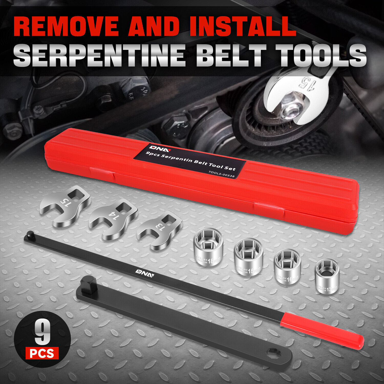 [9Pcs] 3/8″ Pulley Wrench Installation Removal Serpentine Belt Tool Set w/ Case
