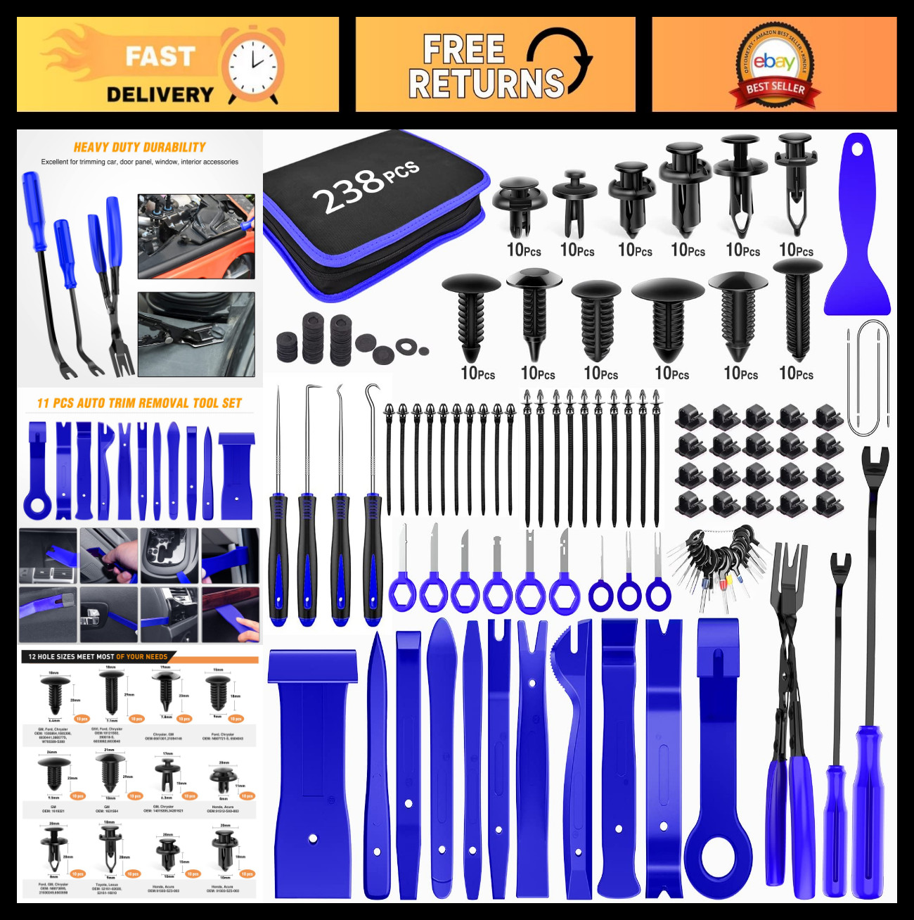 238Pcs Trim Removal Tool Set – Auto Push Pin Bumper Clips, Pry Kit & Fasteners