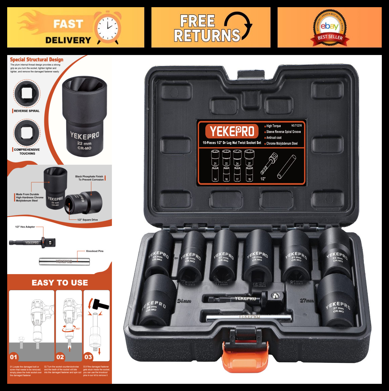 10PCS Lug Nut Removal Tool Set – 1/2″ Drive Bolt Extractor Kit for Stripped, Rus