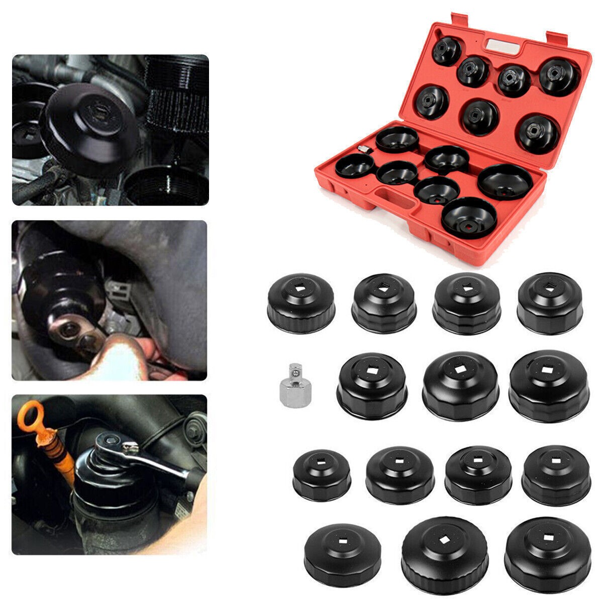 16Pcs Oil Filter Wrench Set Cup Type Removal Tool Socket Kit 1/2″ 3/8″ Adaptor