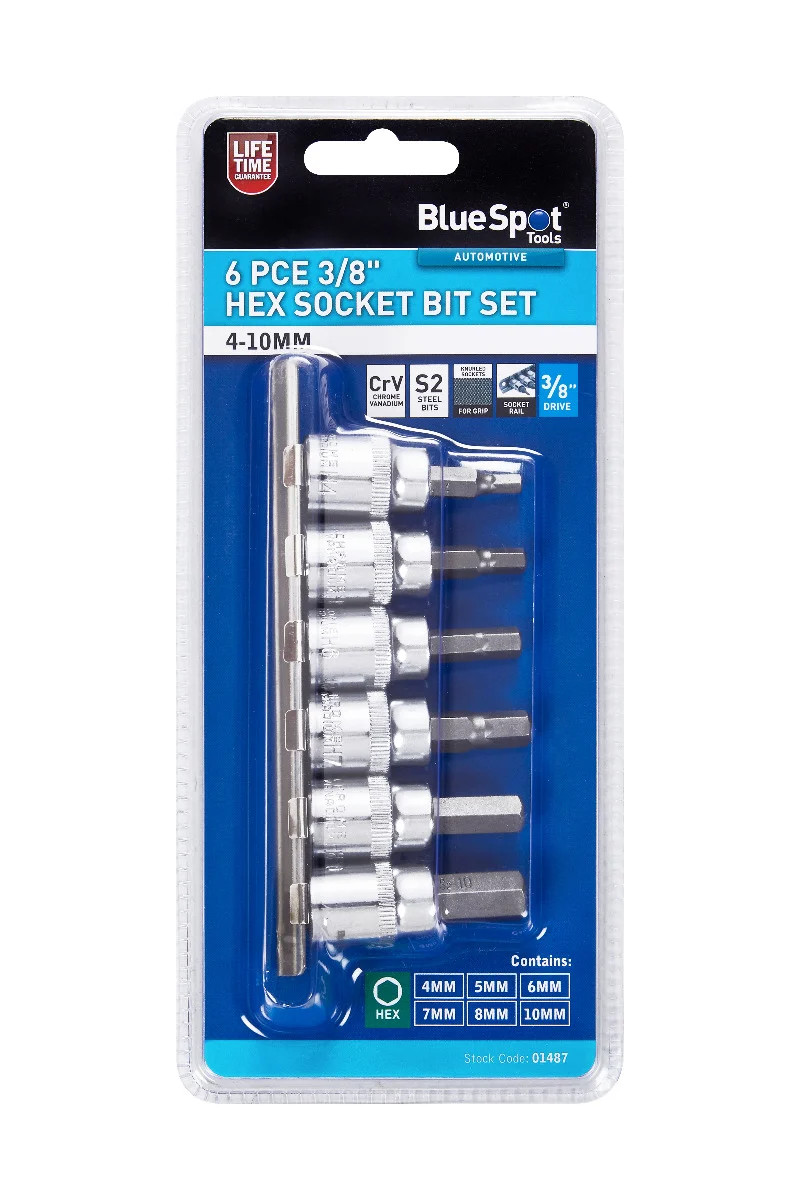 6pc 3/8 Inch Drive 4-10mm Hex Socket Bit Set Chrome Vanadium S2 Steel Rail 01487