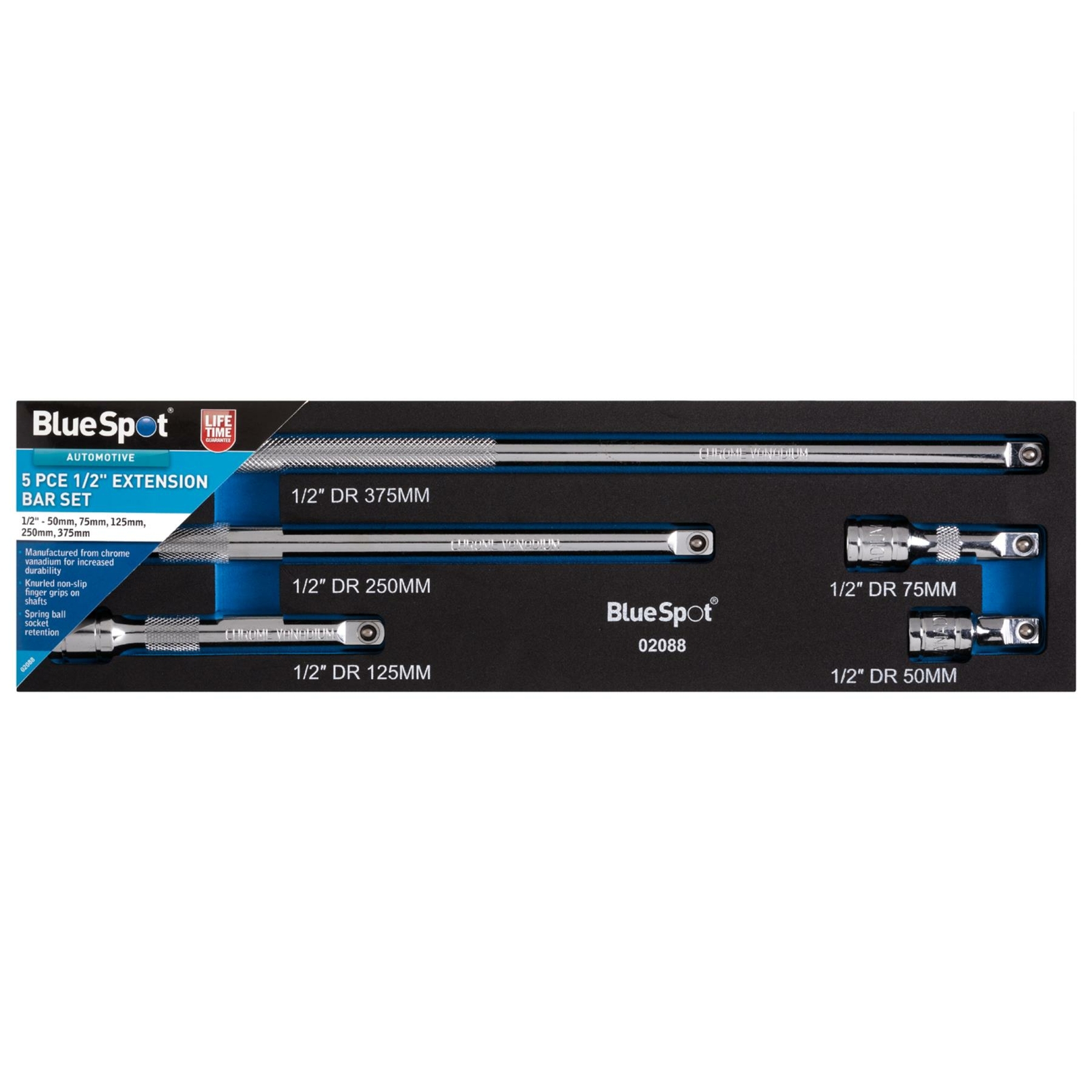 BlueSpot 5pc 1/2″ Drive Socket Extension Bar Set 50 75 125 250 & 375mm Long