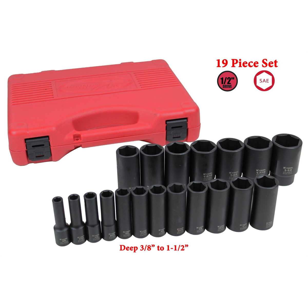 K-Tool 33202 1/2″ Drive SAE Deep Impact Socket Set 19pc, Heat Treated Steel