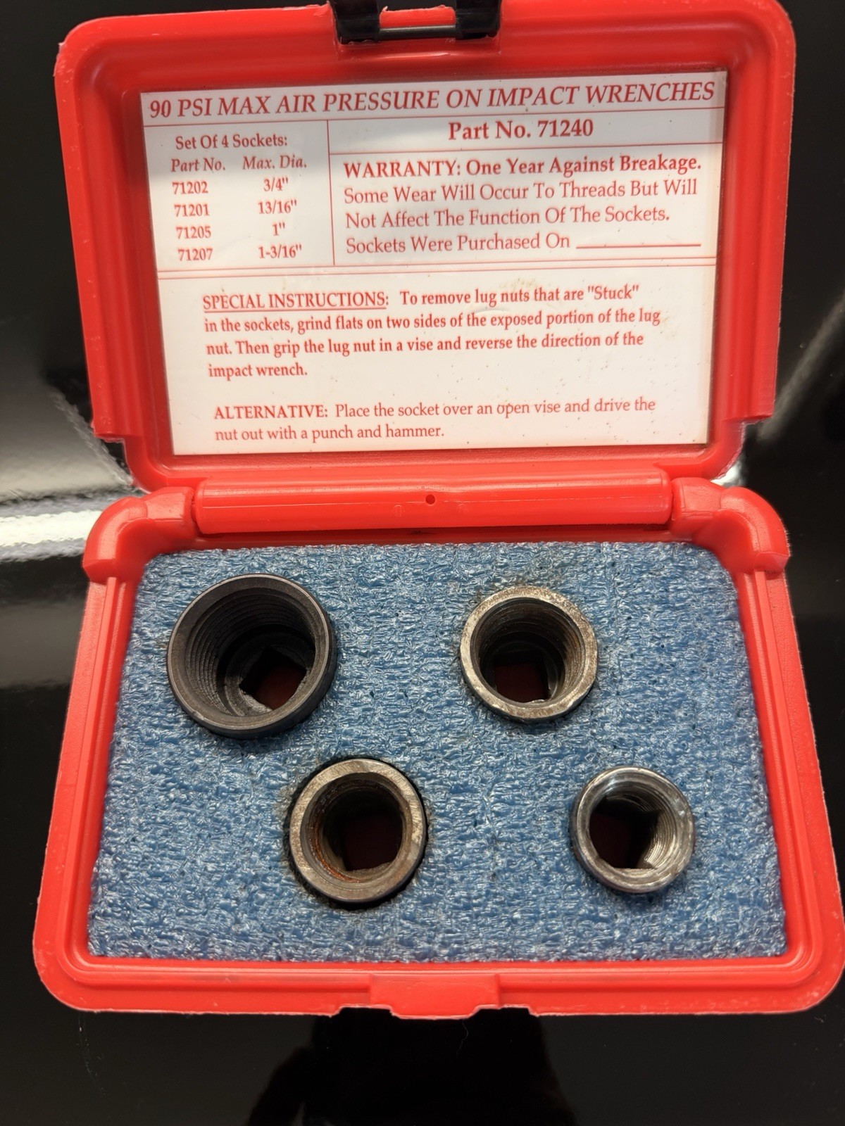 Steck USA Made Locking Lug Nut Removal Kit Set Of 4 Sockets