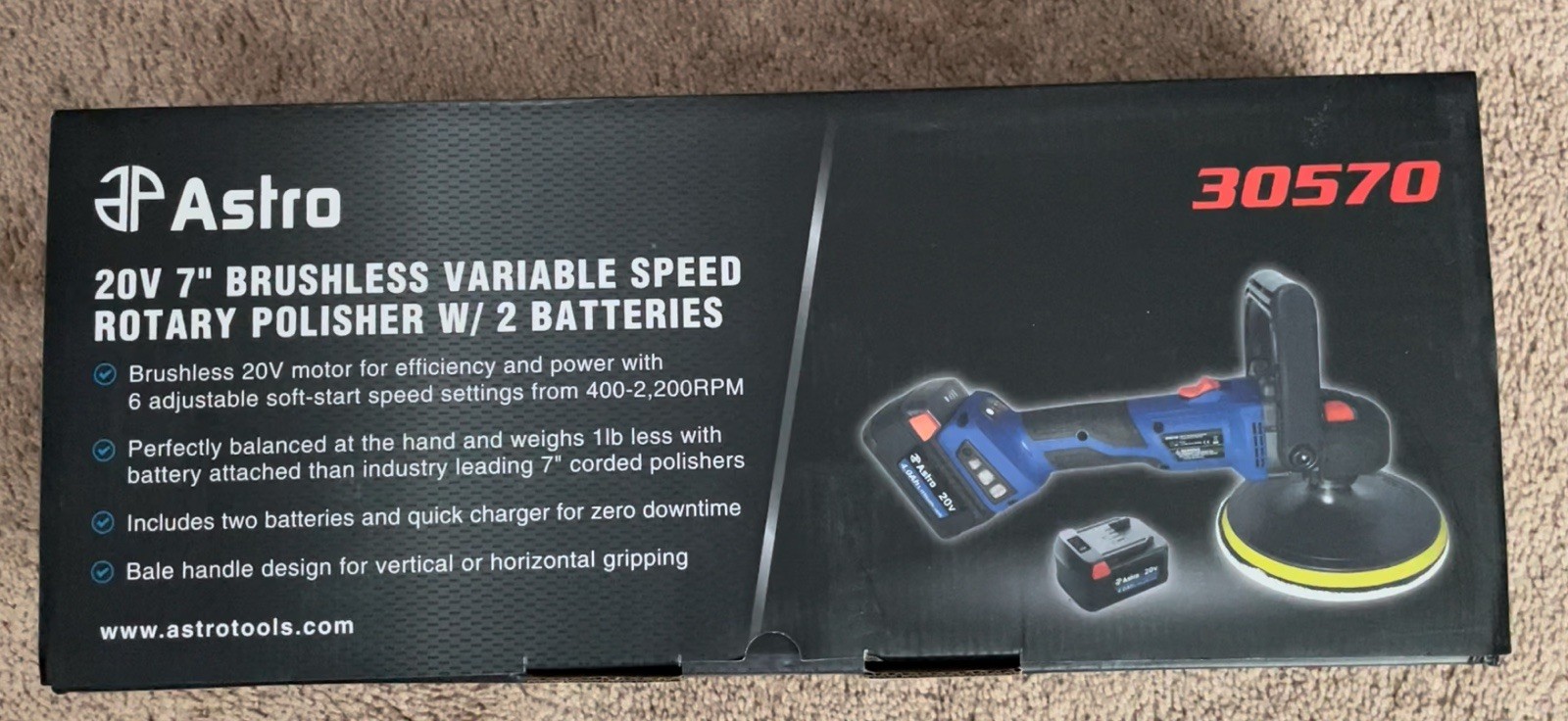 Astro Pneumatic Cordless 20V 7” Brushless Variable Speed Rotary Polisher 2x 4AH