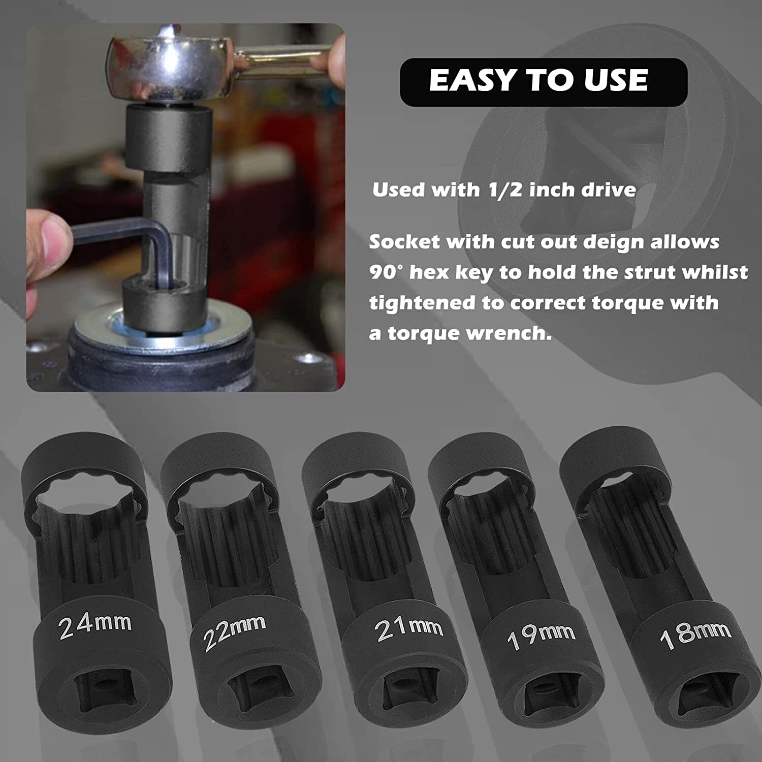 5pcs 12 Point 1/2 Drive Strut Nut Socket 18mm 19mm 21mm 22mm 24mm For Hex Wrench