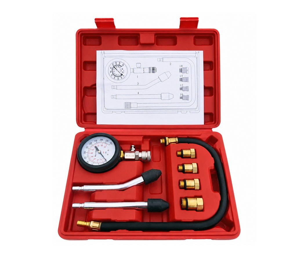 A-AUTO Taiwan 8pc Petrol Cylinder Compression Test 63mm Gauge 18″ Flex Adapter