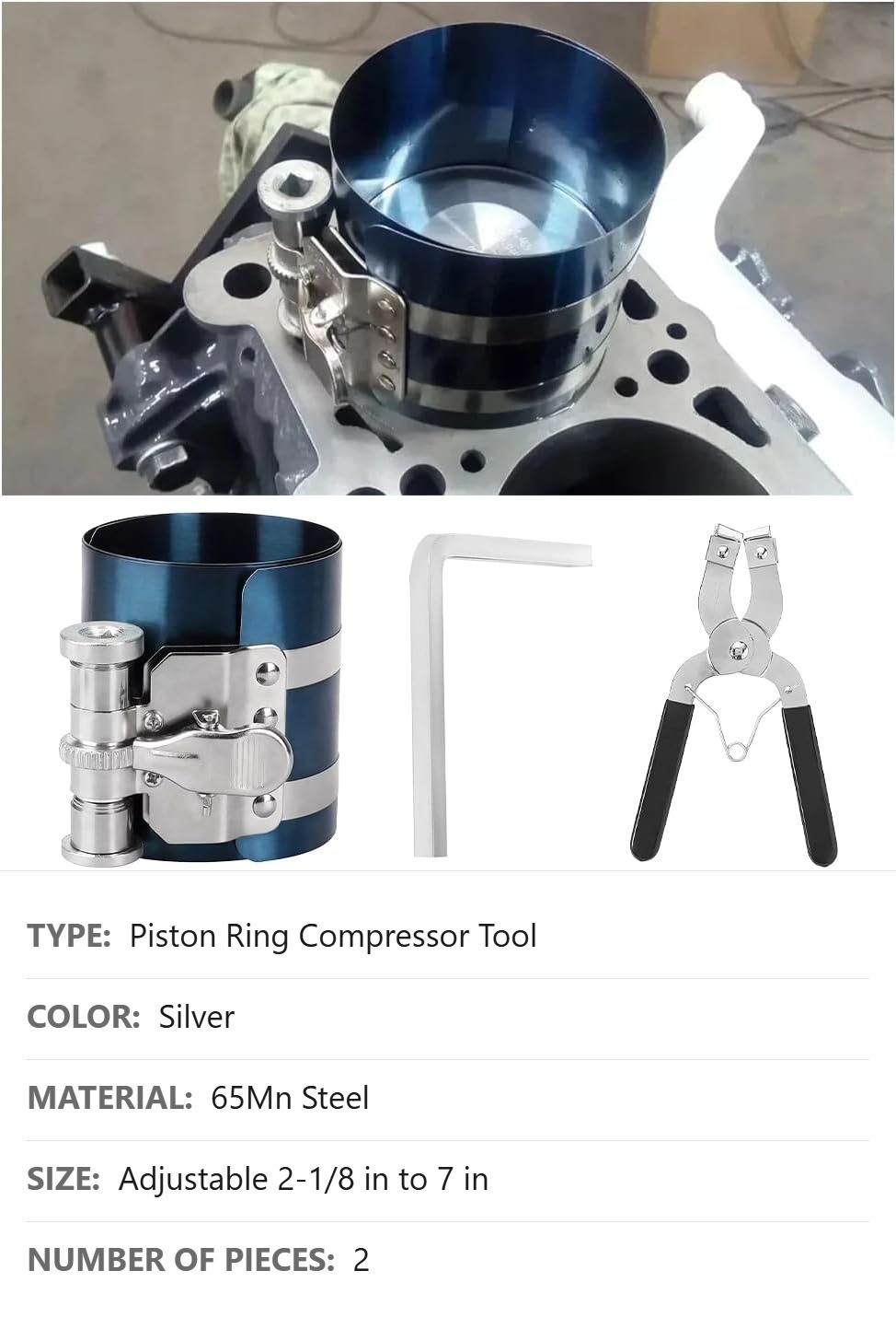 Piston Ring Compressor Tool, Adjustable 2.09″ to 6.89″, Caliper, 65Mn Steel