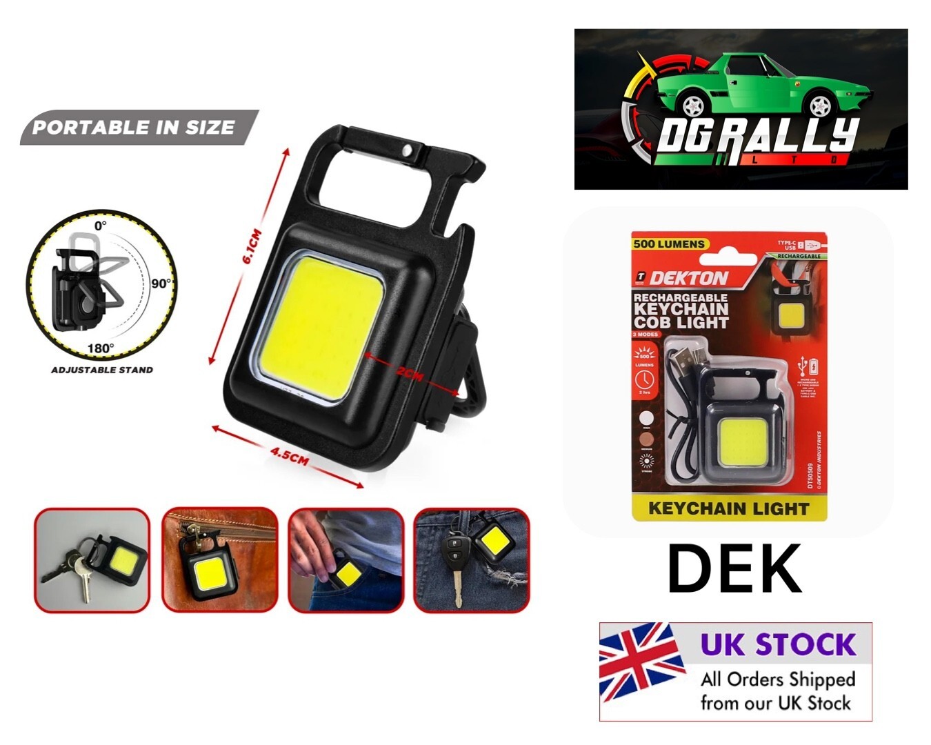 Dekton Keychain COB LED Magnetic Rechargeable Clip on Light Torch 500 Lumens