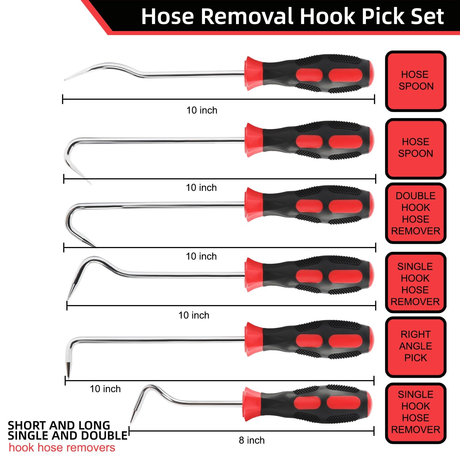 Hose Removal Hook Pick Set, 6~Piece, 10in & 8in Radiator Hose Puller Tools