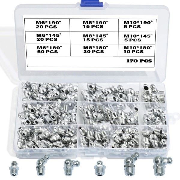 Comprehensive 170PC Metric Grease Nipple Set M6 M8 M10 Straight Angled Types