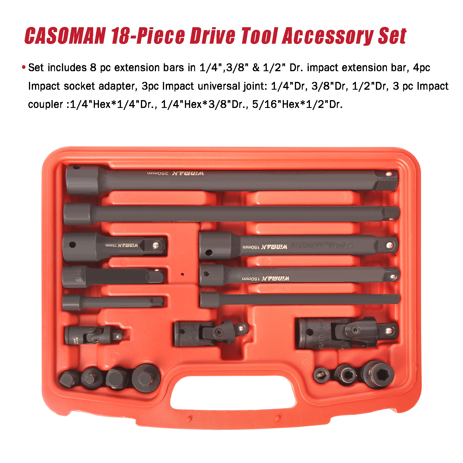 18pc impact accessory set 1/4″ 3/8″ 1/2″ Dr Premium CR-V Steel /W Black Phospha