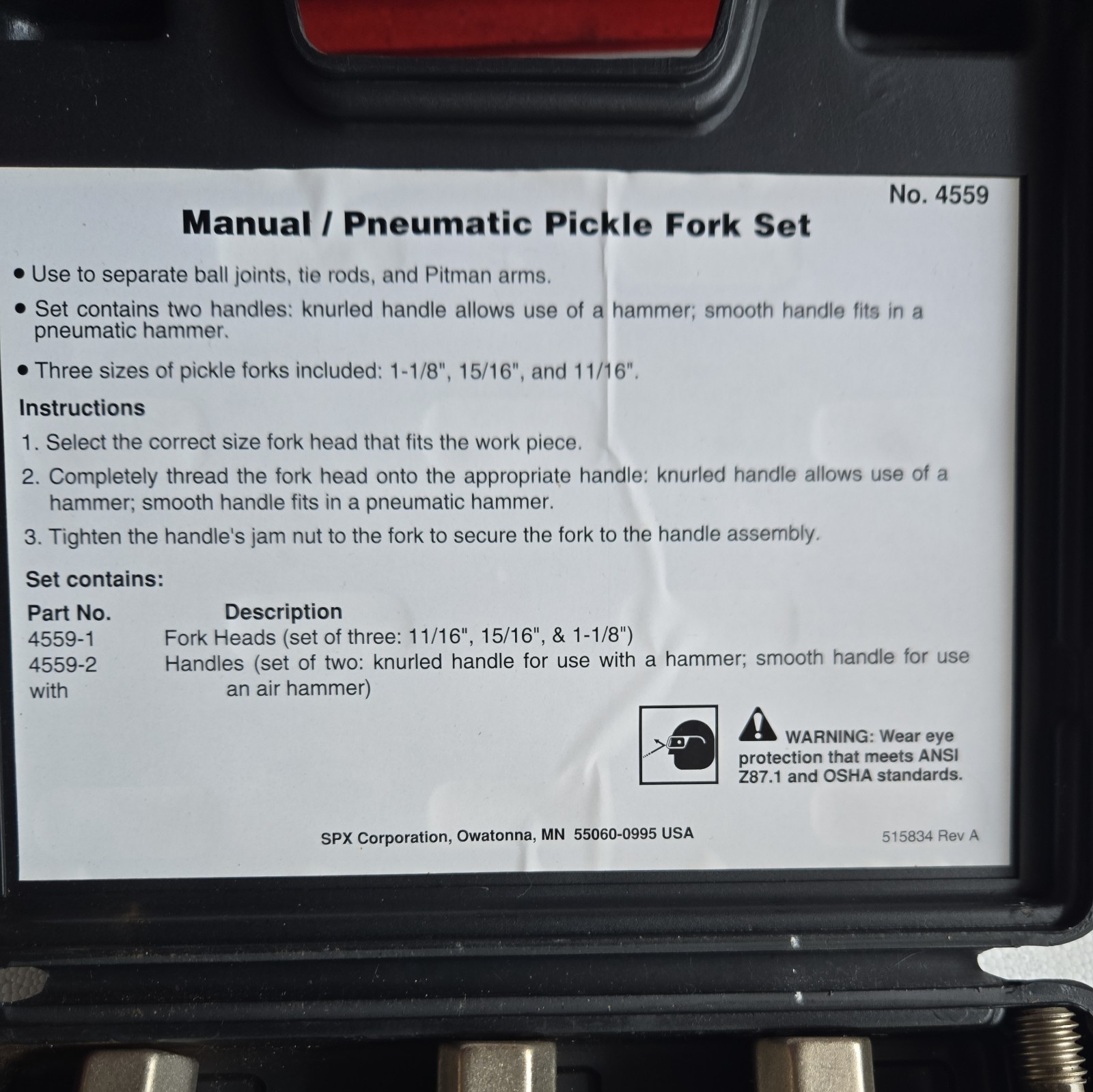 OTC Stinger Manual/ Pneumatic Pickle Fork Set In Hard Case 4559 Tie Rod