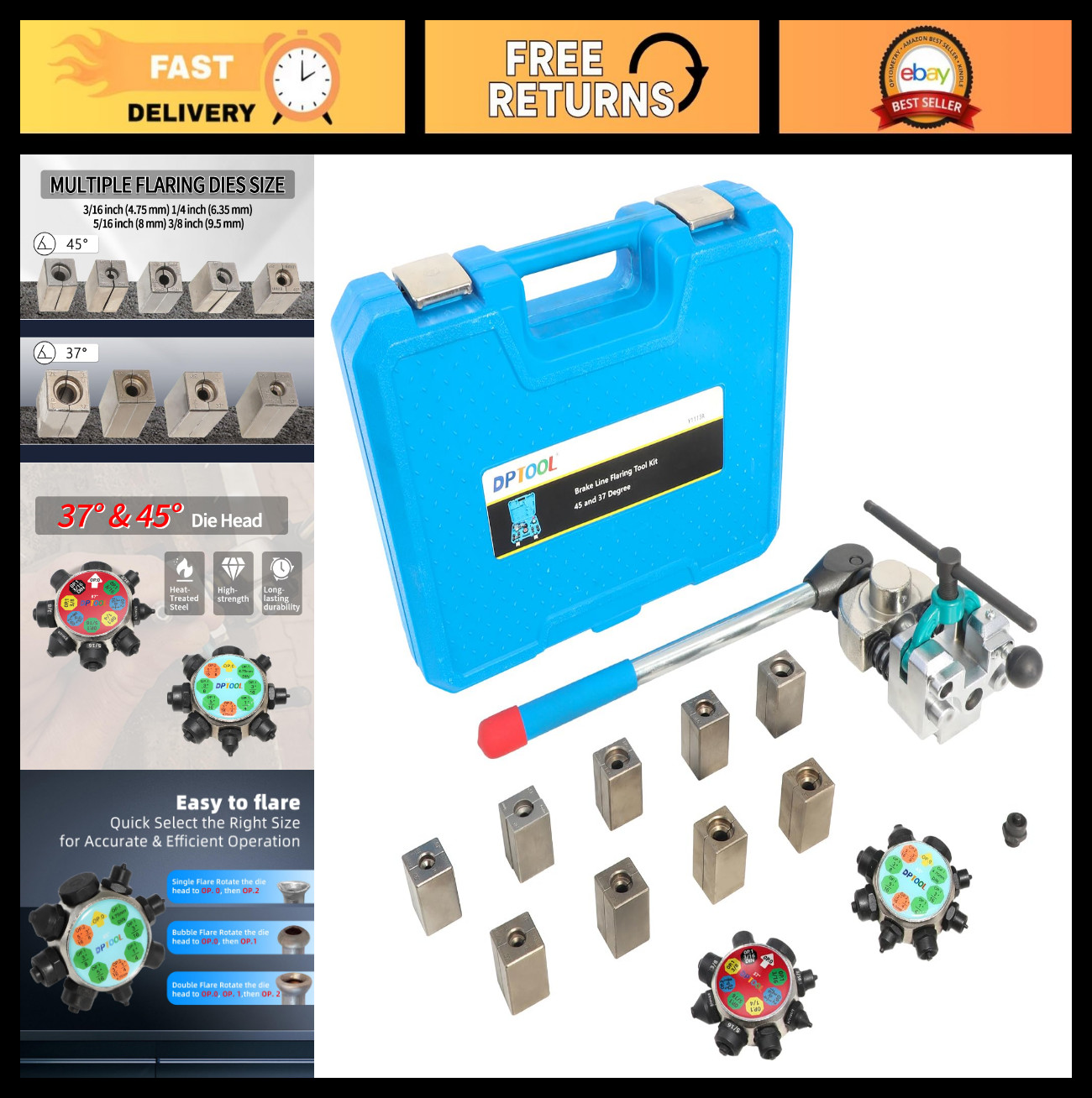 Brake Line Flaring Tool Kit – 45° & 37° Flares for 3/16″, 1/4″, 5/16″, 3/8″ Tubi