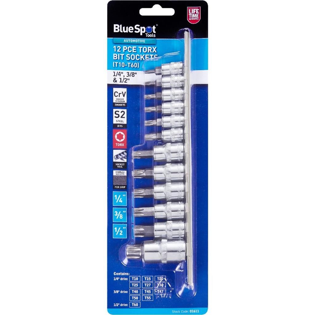 BlueSpot 12pc Torx Bit Socket Set T10 to T60 Drive Metric and SAE 1/4″ 3/8″ 1/2″